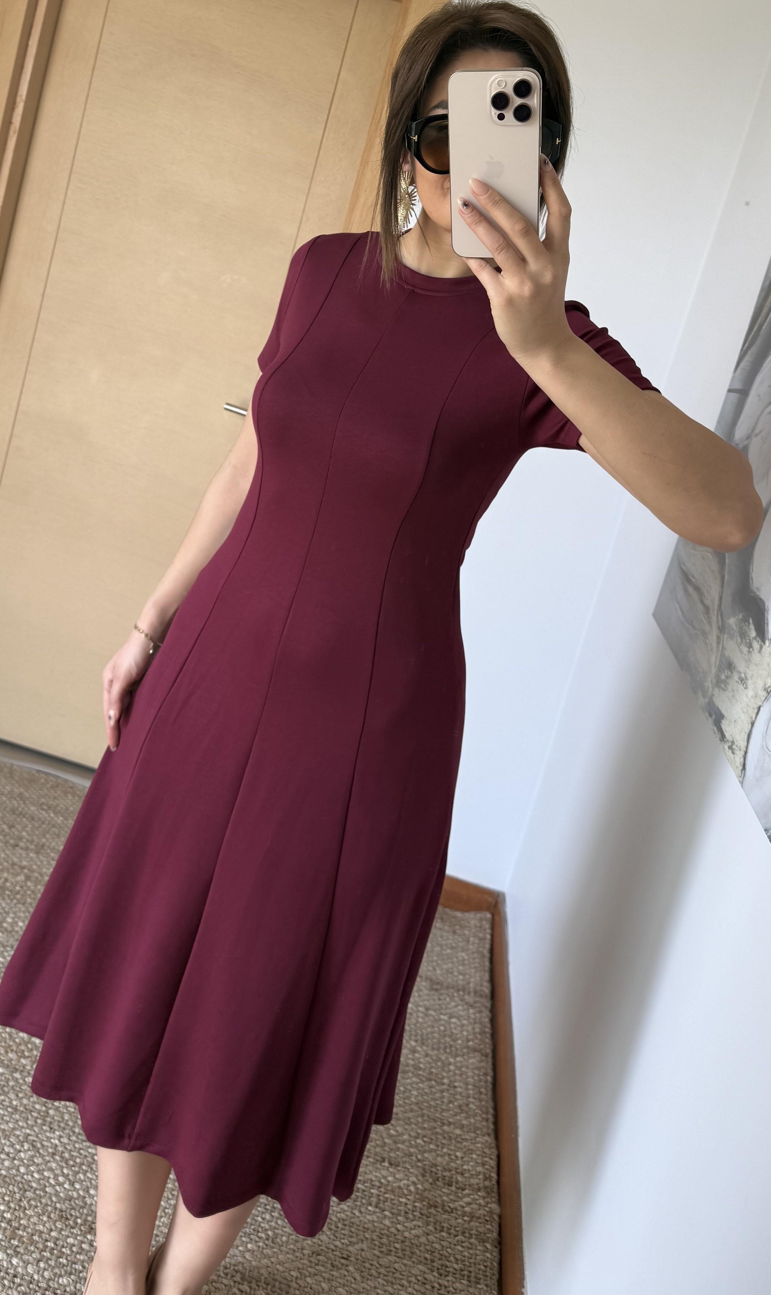  Kısa Kollu Premium %100 Pamuk Modal Kumaş Kloş Çan Midi Boy Yazlık Elbise-Bordo