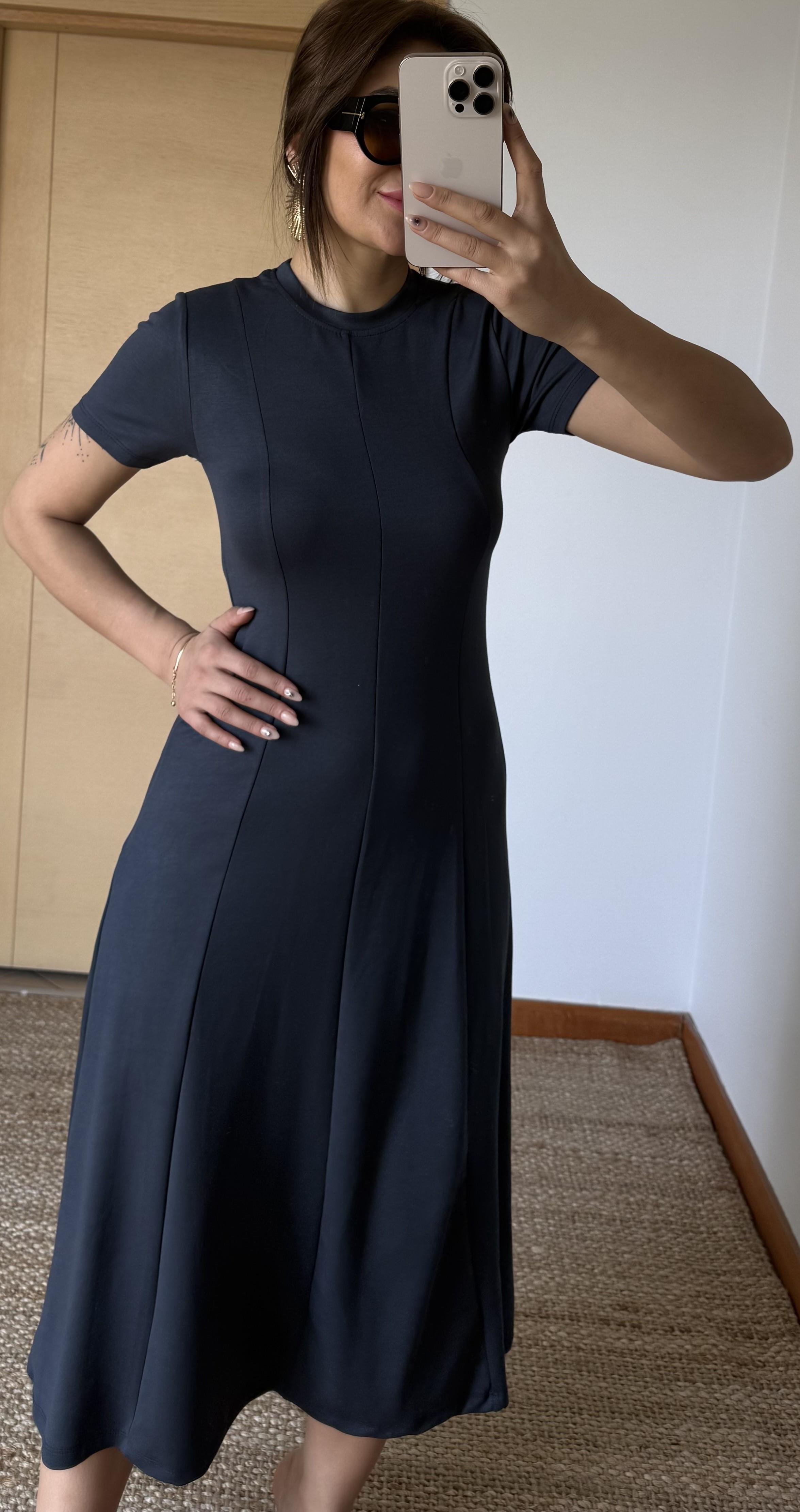 Kısa Kollu Premium %100 Pamuk Modal Kumaş Kloş Çan Midi Boy Yazlık Elbise-Antrasit