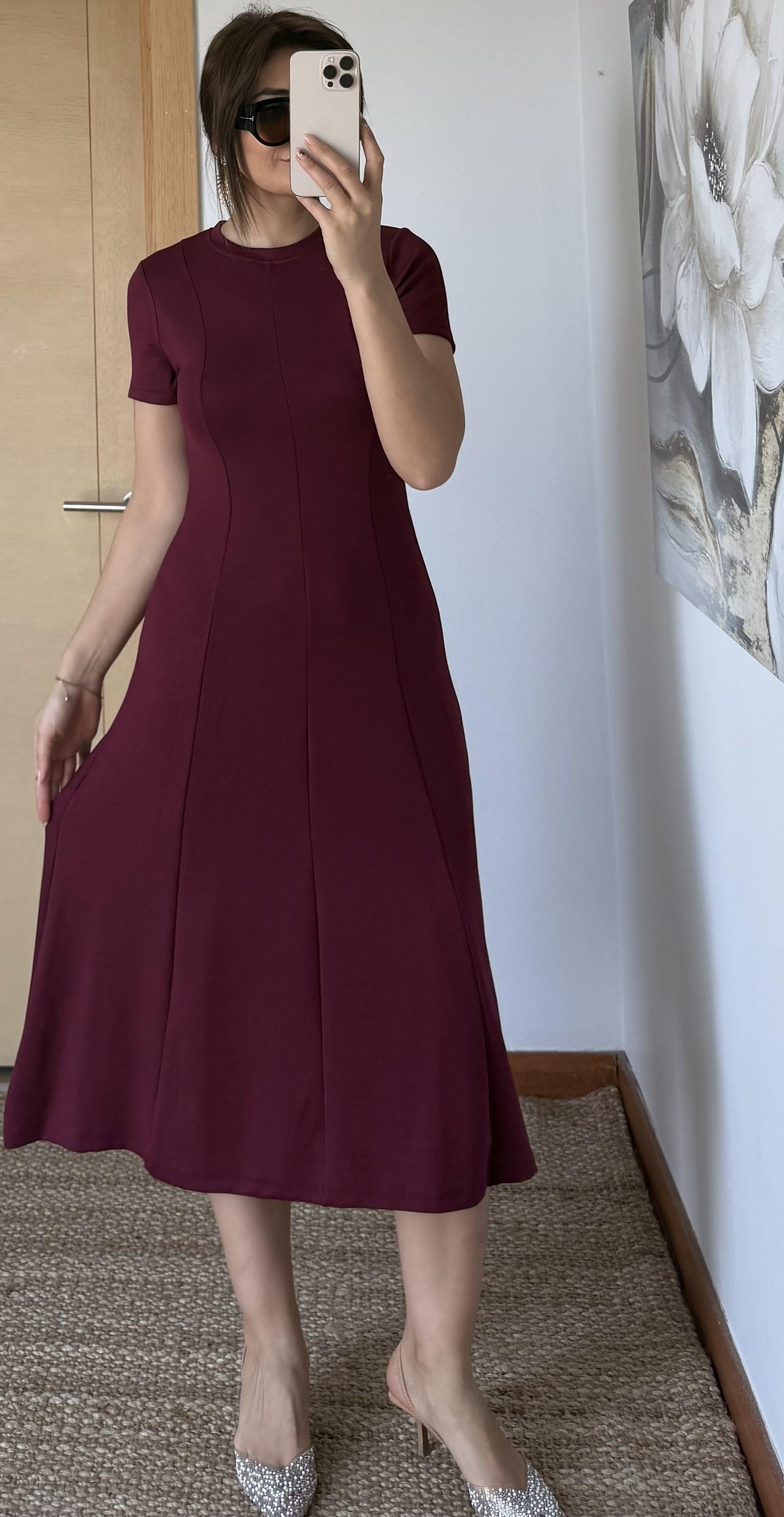  Kısa Kollu Premium %100 Pamuk Modal Kumaş Kloş Çan Midi Boy Yazlık Elbise-Bordo