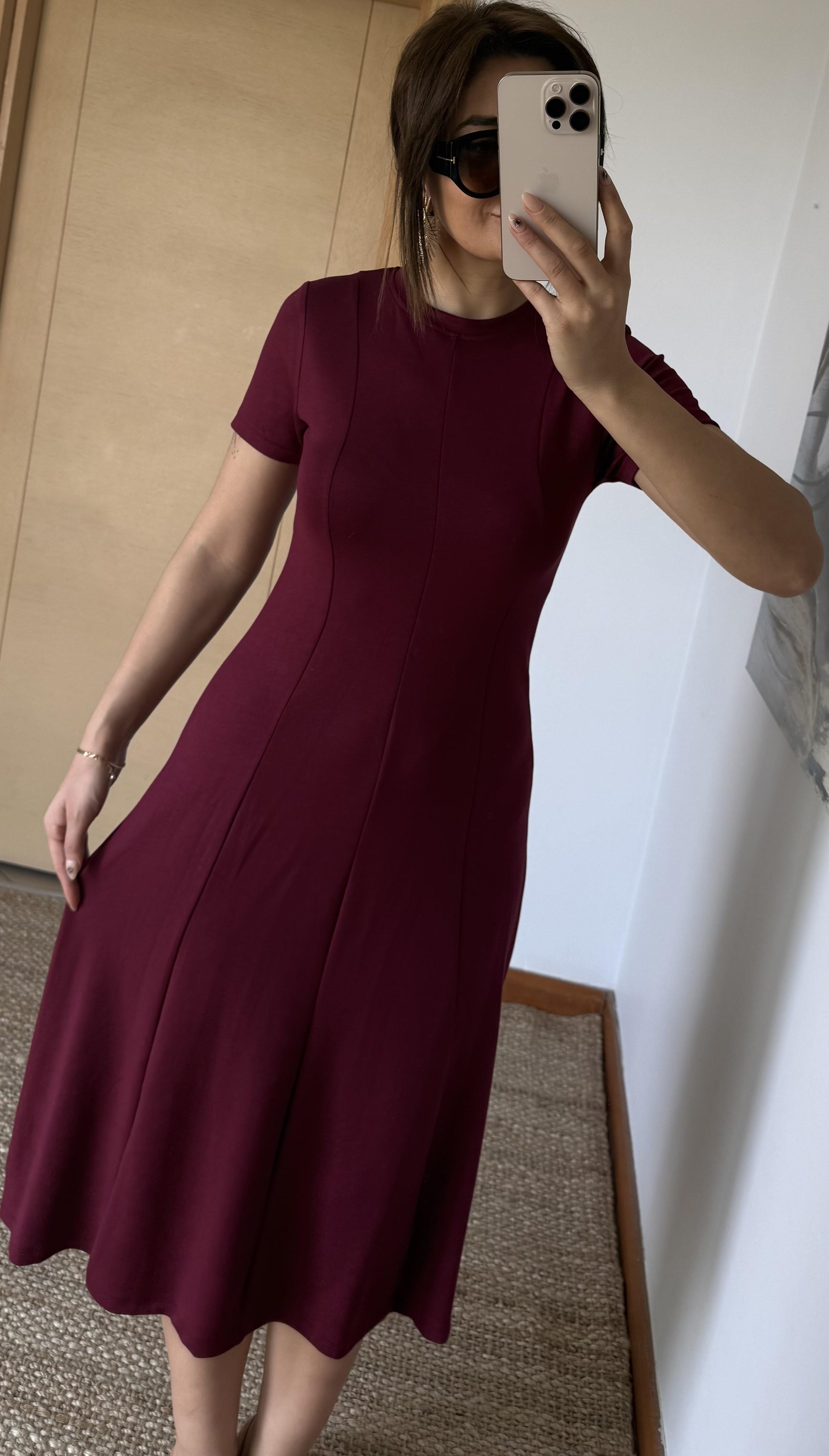  Kısa Kollu Premium %100 Pamuk Modal Kumaş Kloş Çan Midi Boy Yazlık Elbise-Bordo