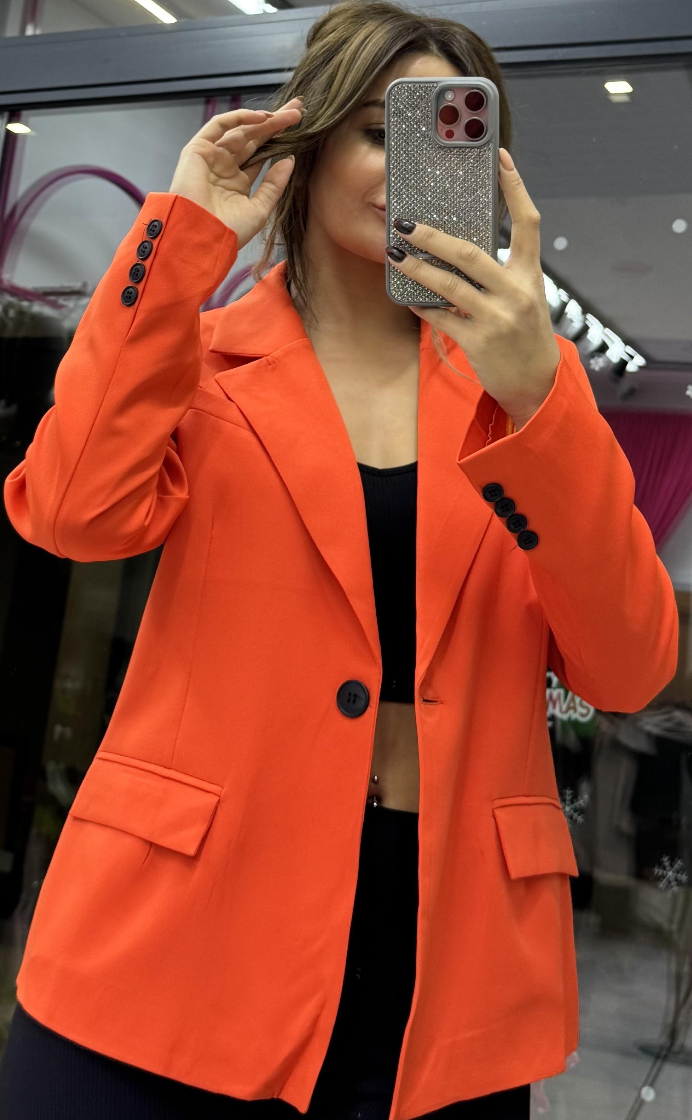  Oversize Tek Düğmeli Turuncu Blazer Ceket