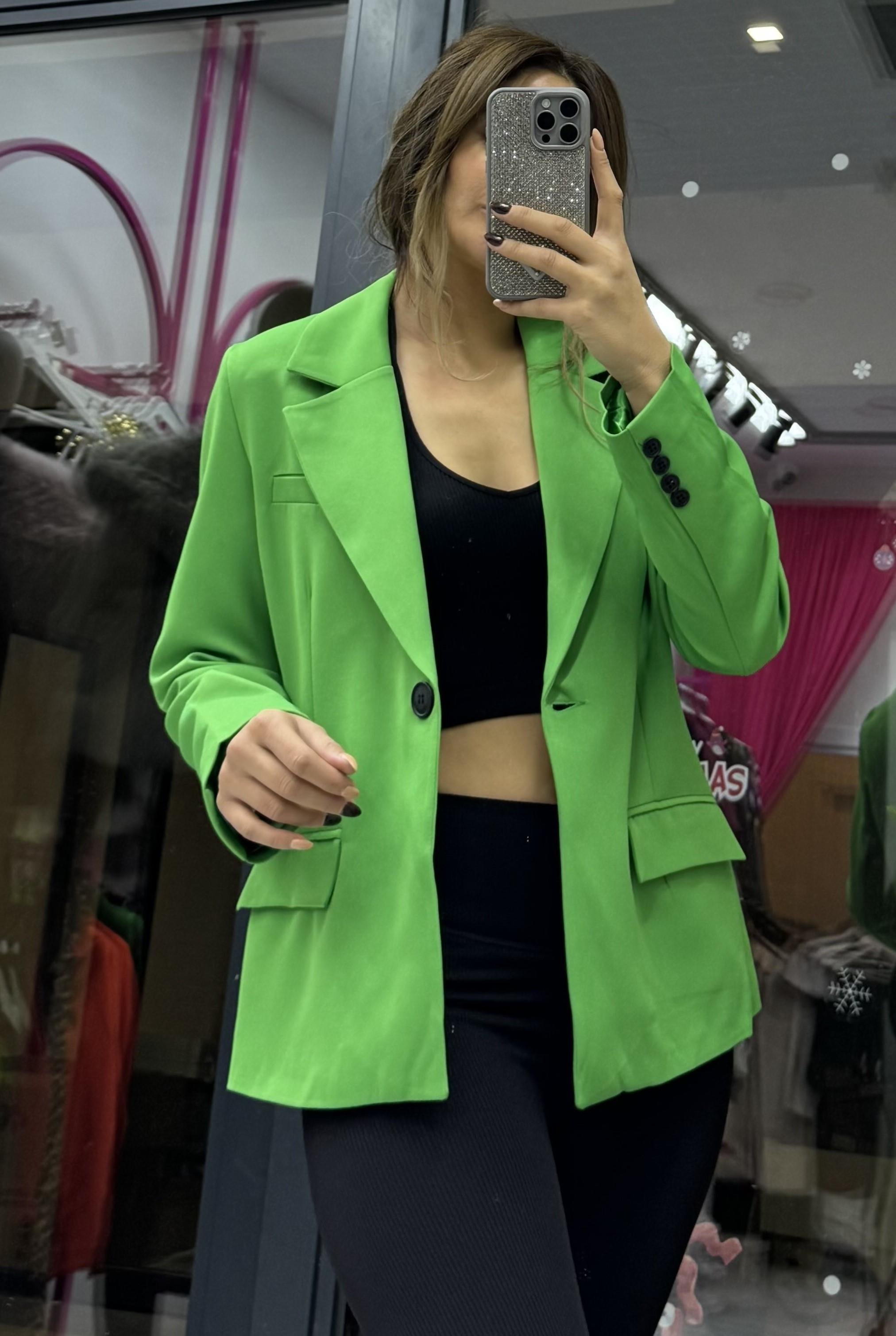  Oversize Tek Düğmeli Yeşil Blazer Ceket