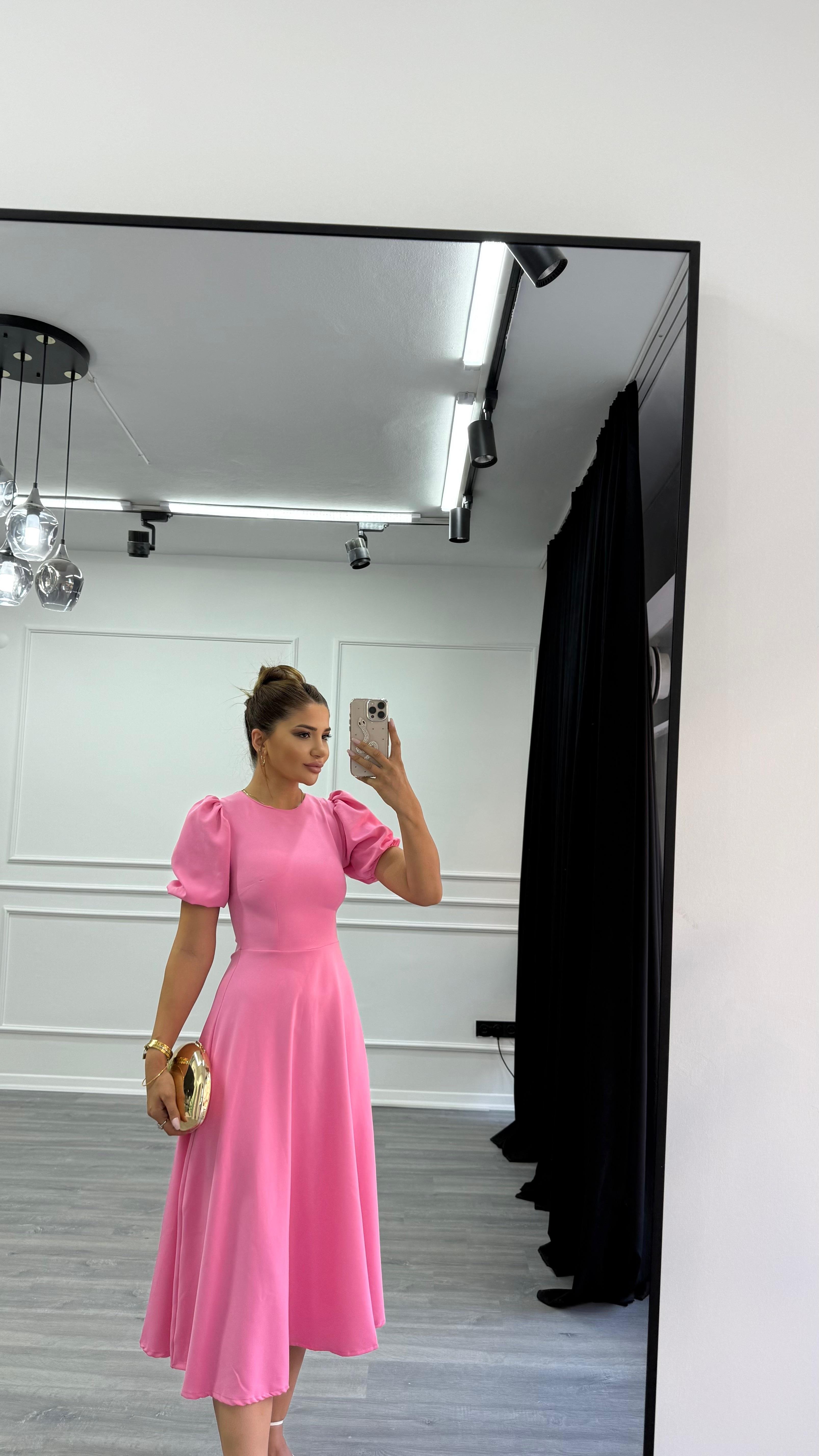  Pembe Bisiklet Yaka Kısa Karpuz Kol Midi Boy Premium Elbise