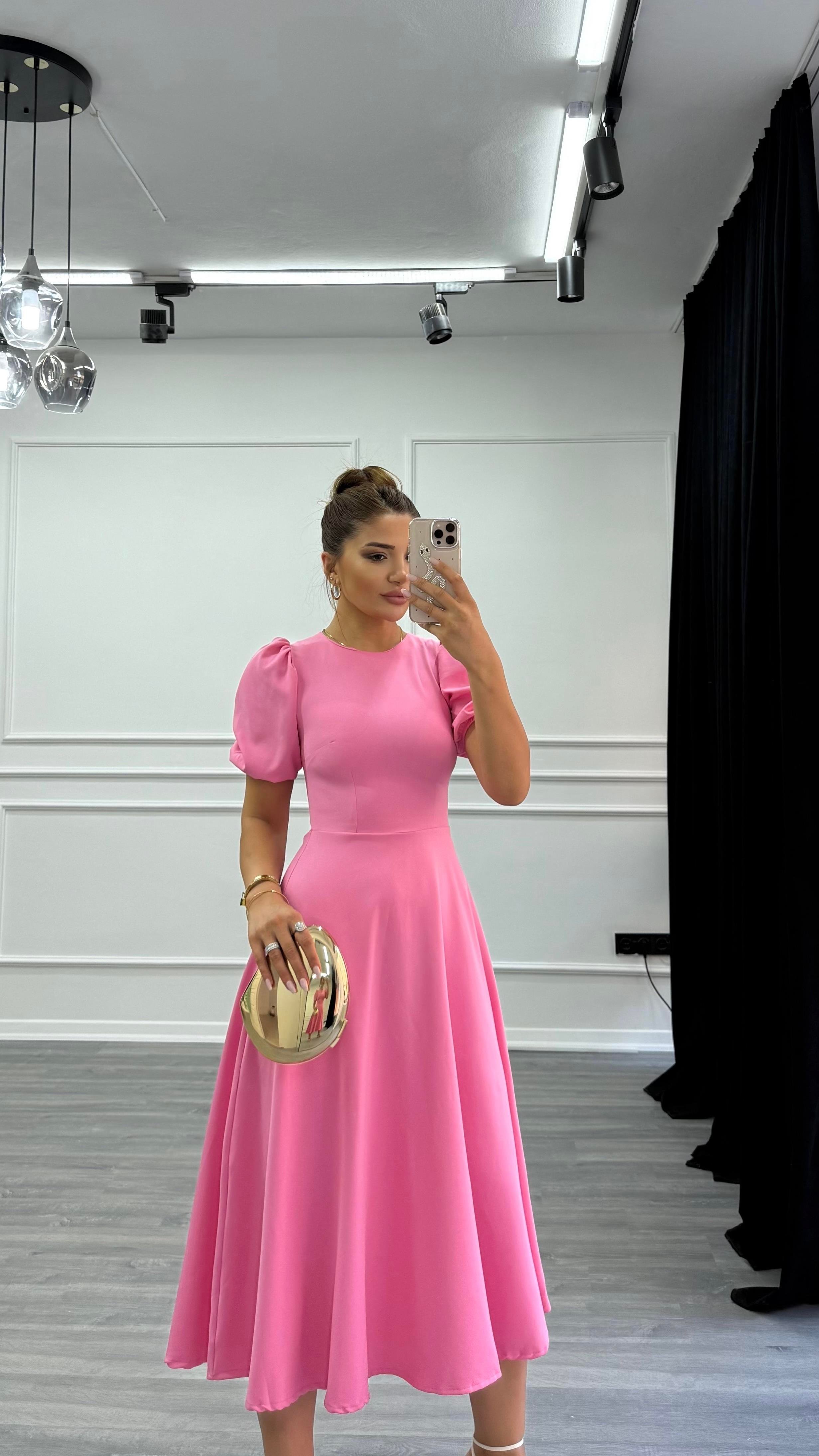  Pembe Bisiklet Yaka Kısa Karpuz Kol Midi Boy Premium Elbise