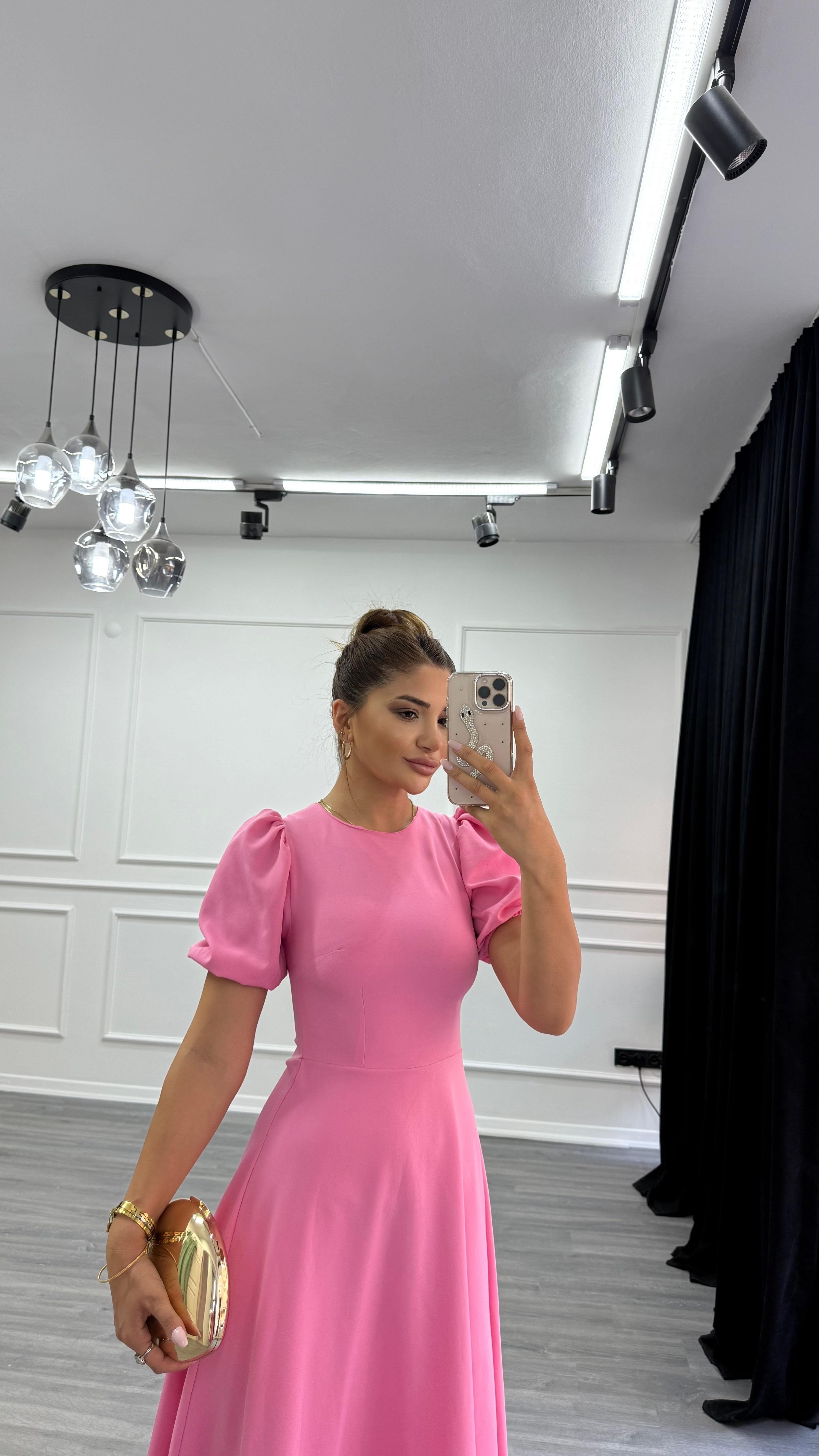  Pembe Bisiklet Yaka Kısa Karpuz Kol Midi Boy Premium Elbise