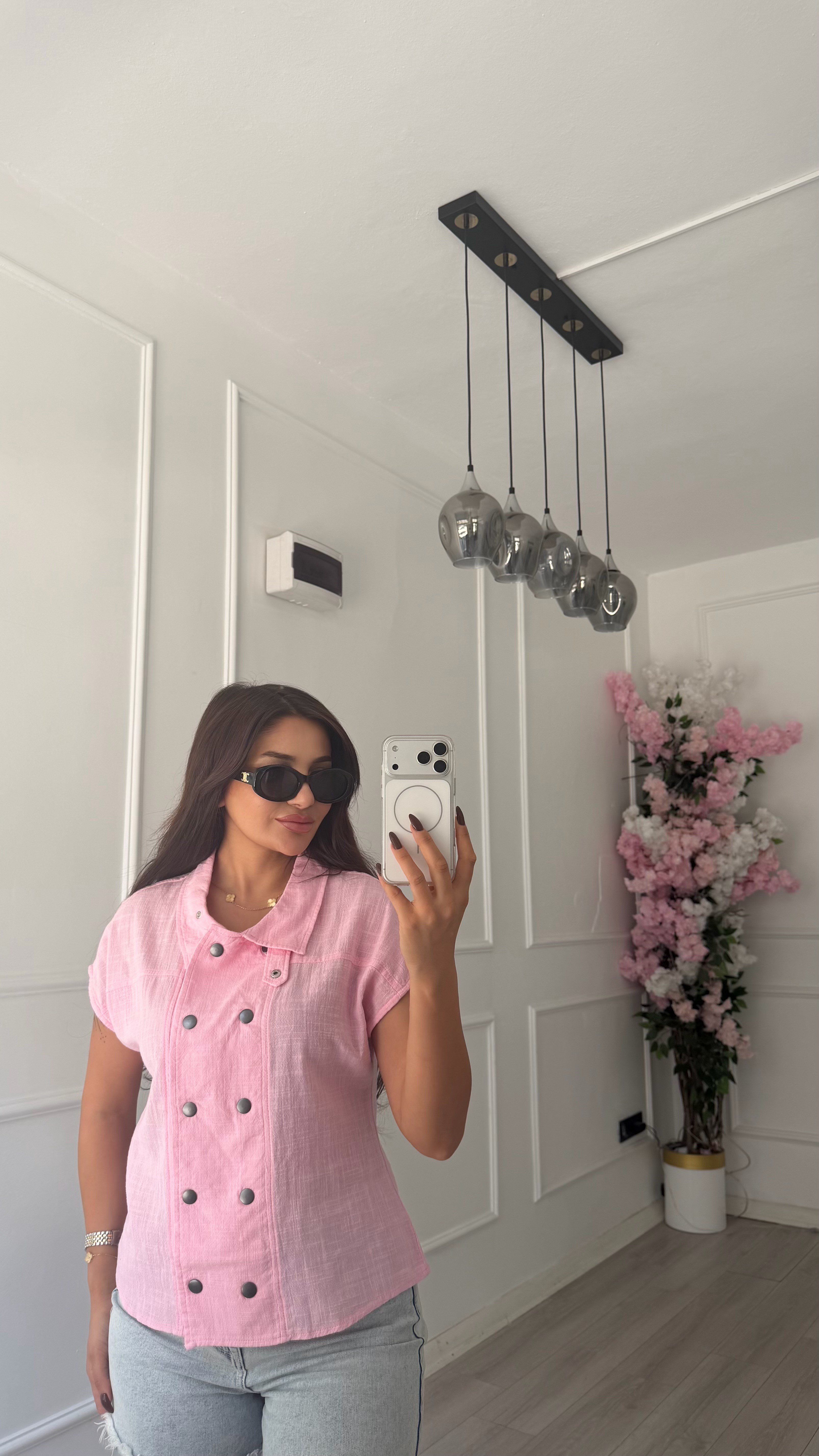    Pembe Çift Çıtçıtlı Dik Yaka Keten Gömlek
