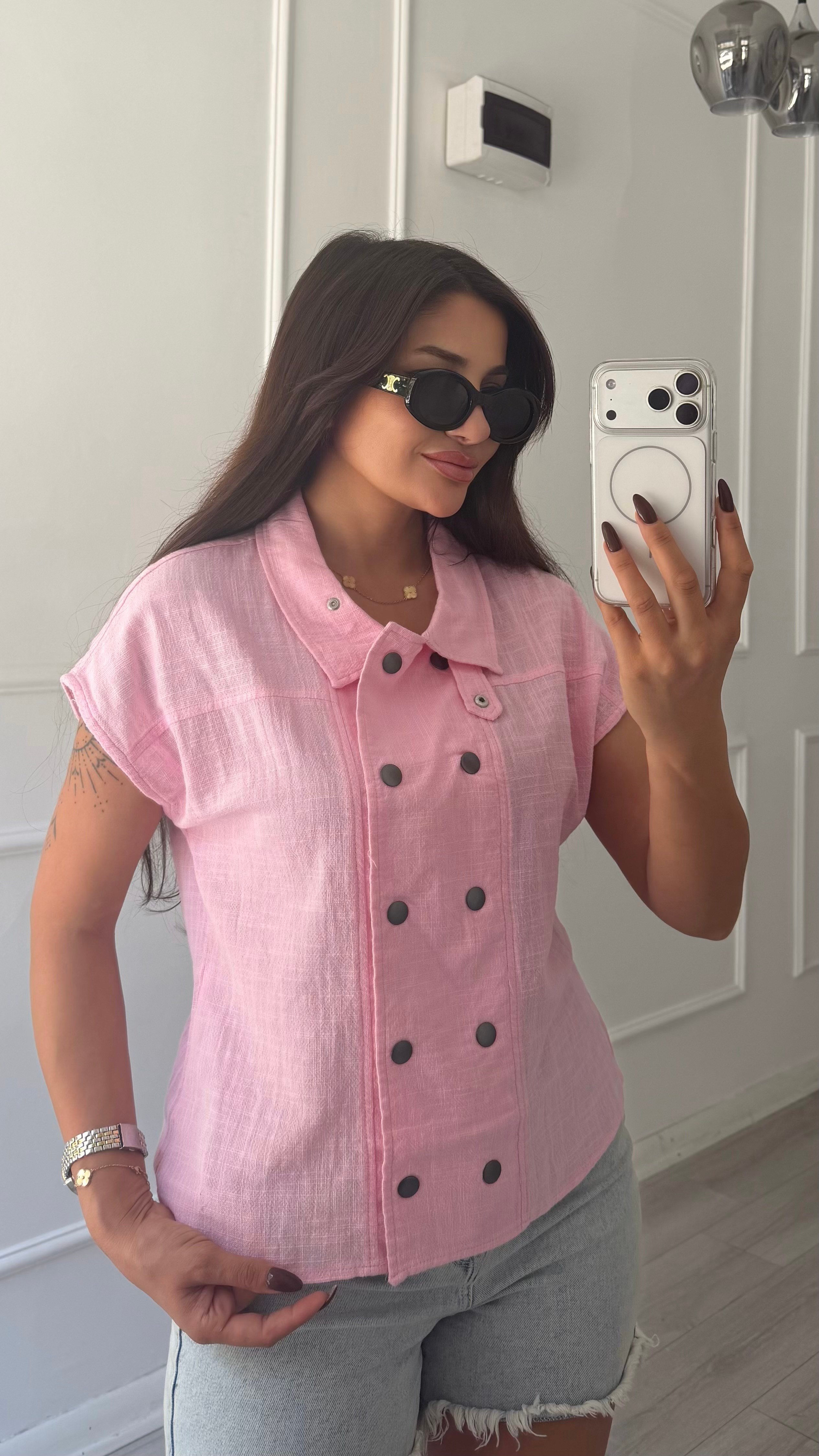    Pembe Çift Çıtçıtlı Dik Yaka Keten Gömlek