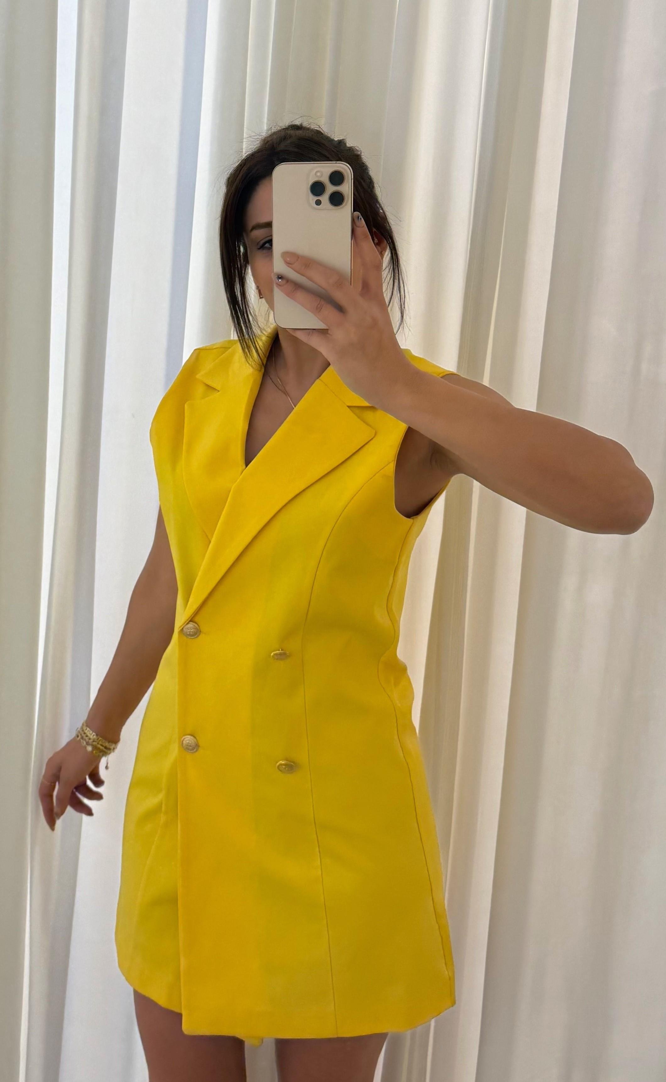  Slim Fit Rahat Kolsuz Double Crep Kumaş  Elbise -Sarı