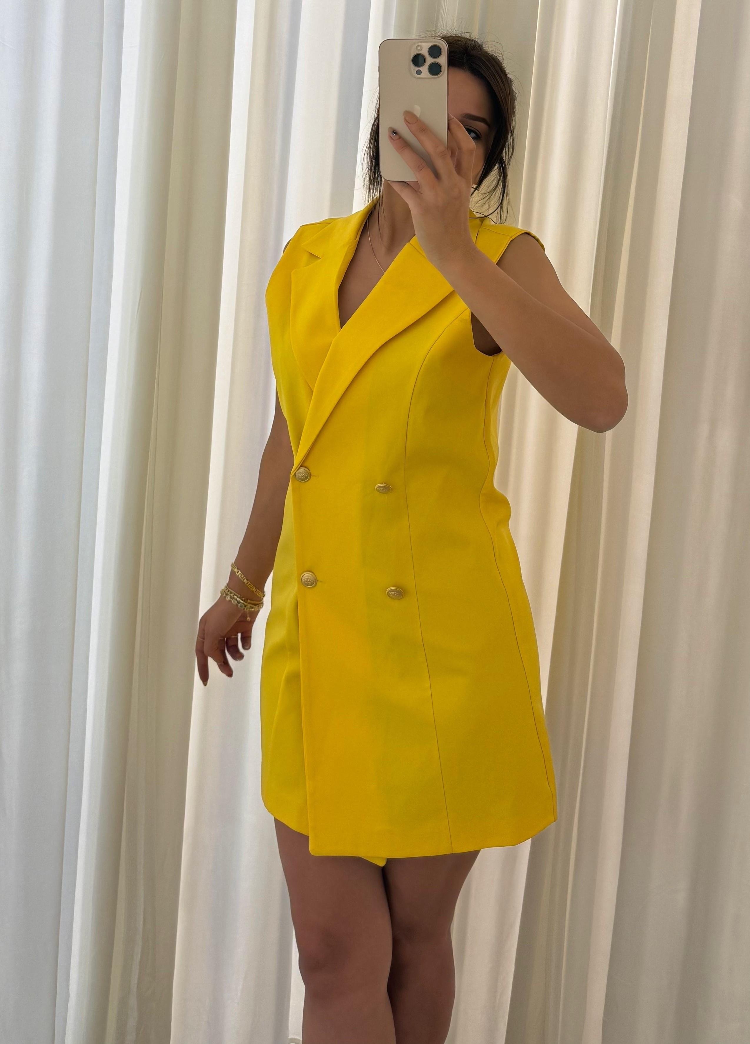  Slim Fit Rahat Kolsuz Double Crep Kumaş  Elbise -Sarı