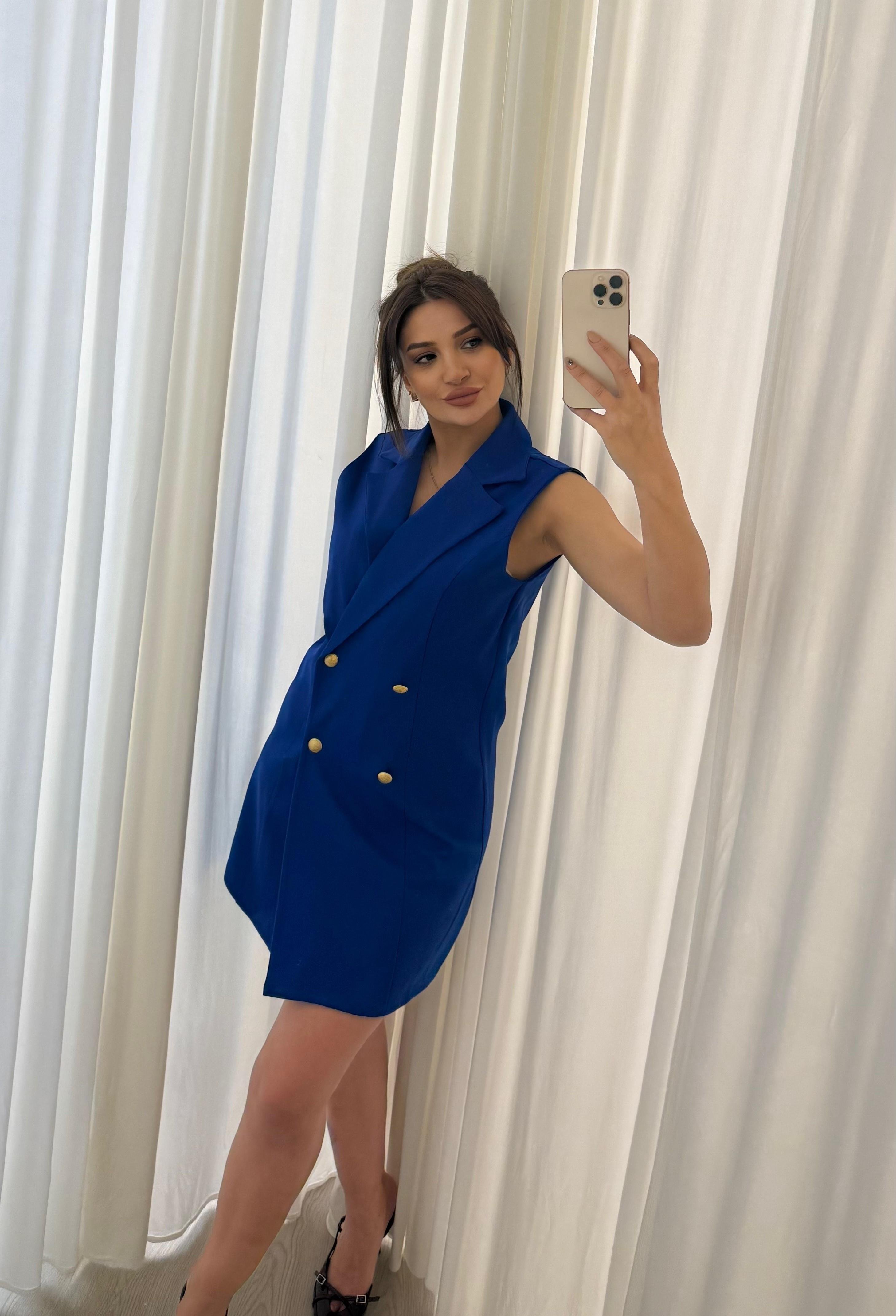  Slim Fit Rahat Kolsuz Double Crep Kumaş  Elbise -Mavi