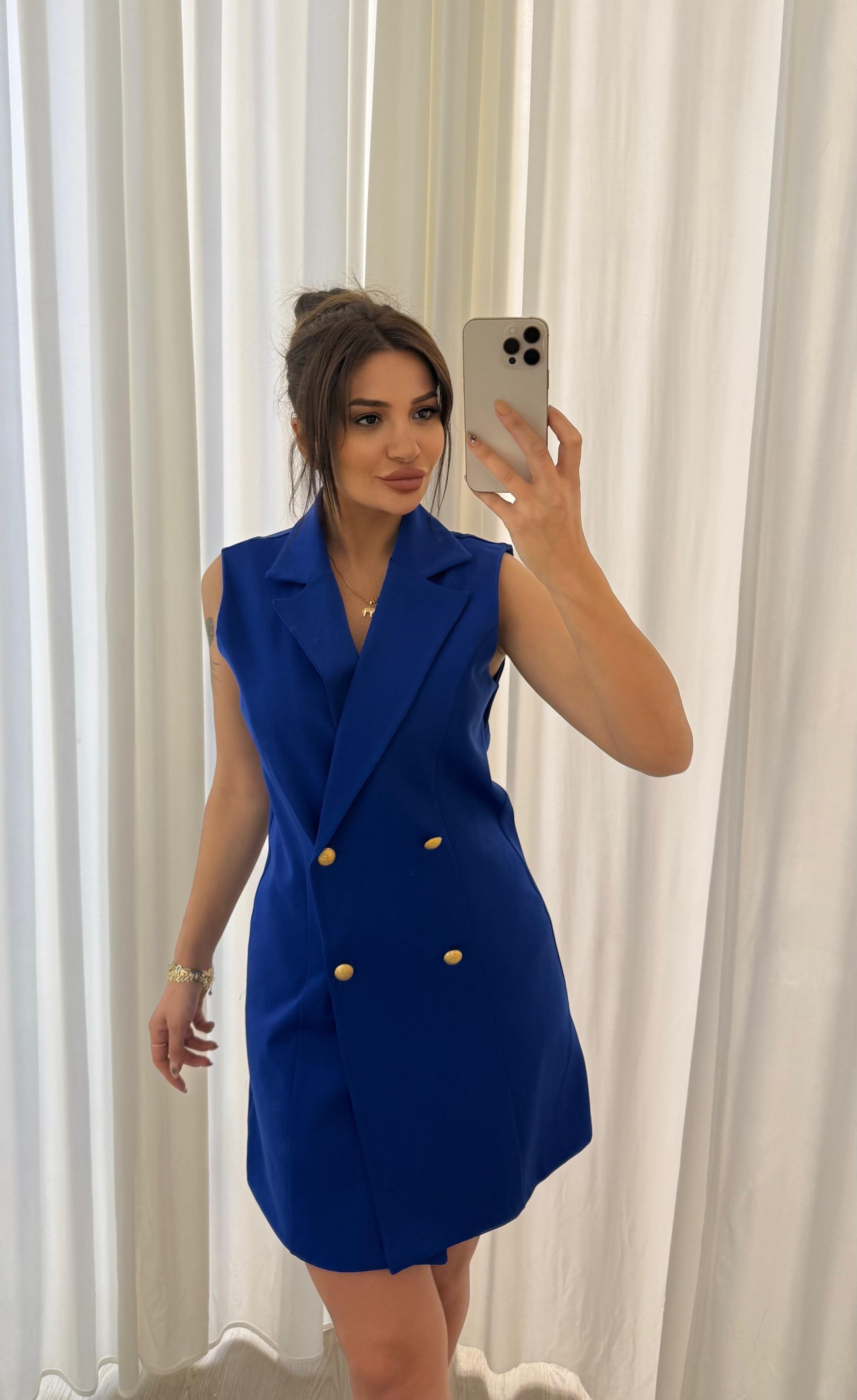  Slim Fit Rahat Kolsuz Double Crep Kumaş  Elbise -Mavi