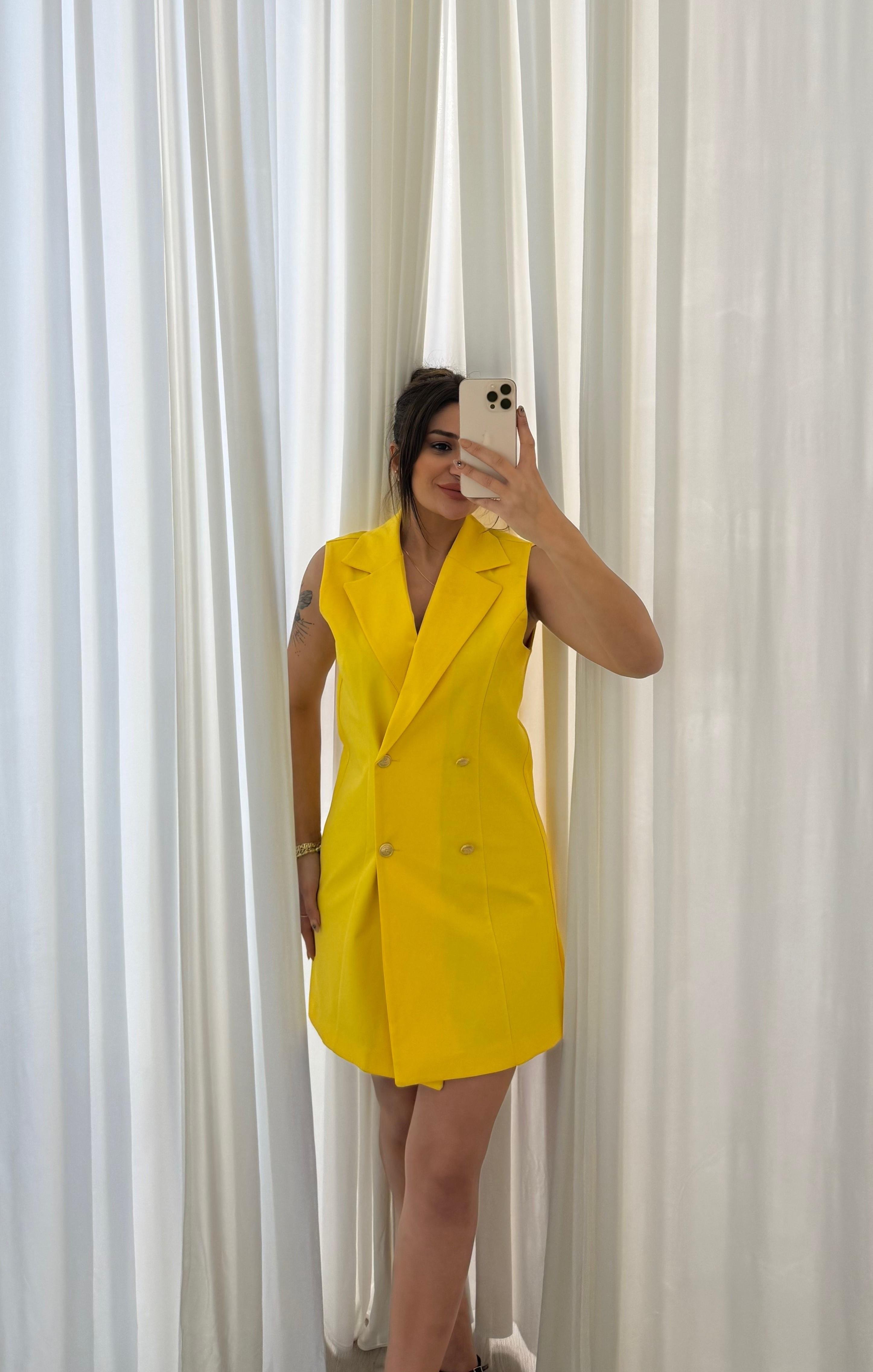  Slim Fit Rahat Kolsuz Double Crep Kumaş  Elbise -Sarı