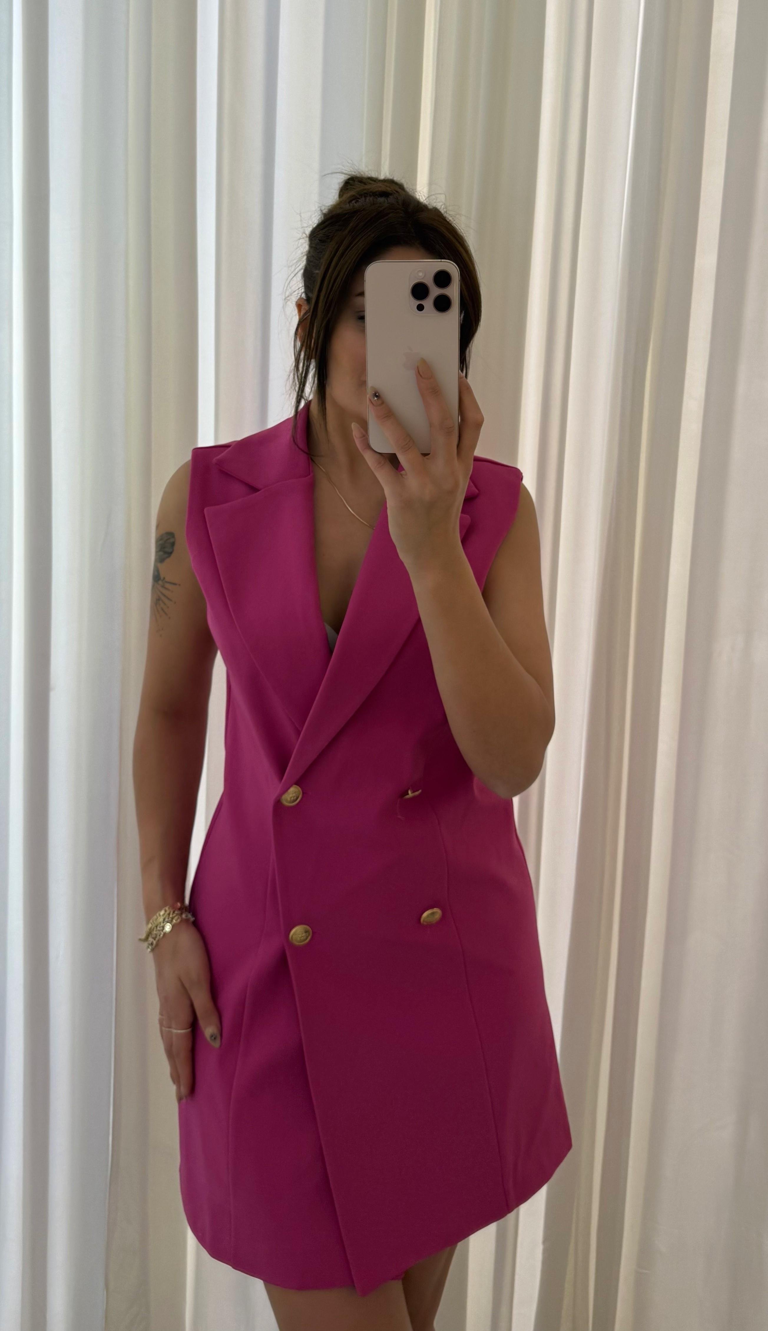  Slim Fit Rahat Kolsuz Double Crep Kumaş  Elbise -Fuşya