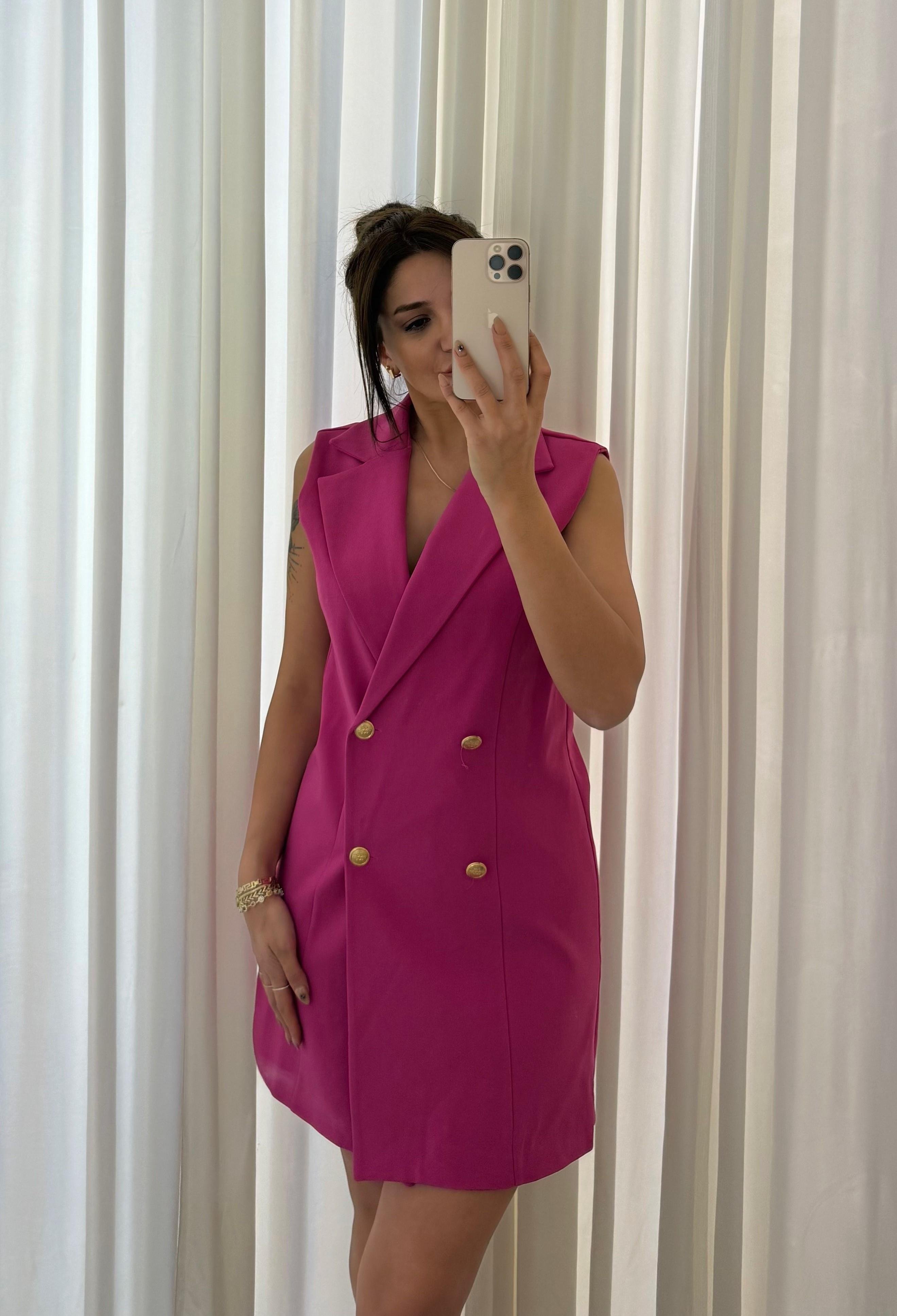  Slim Fit Rahat Kolsuz Double Crep Kumaş  Elbise -Fuşya