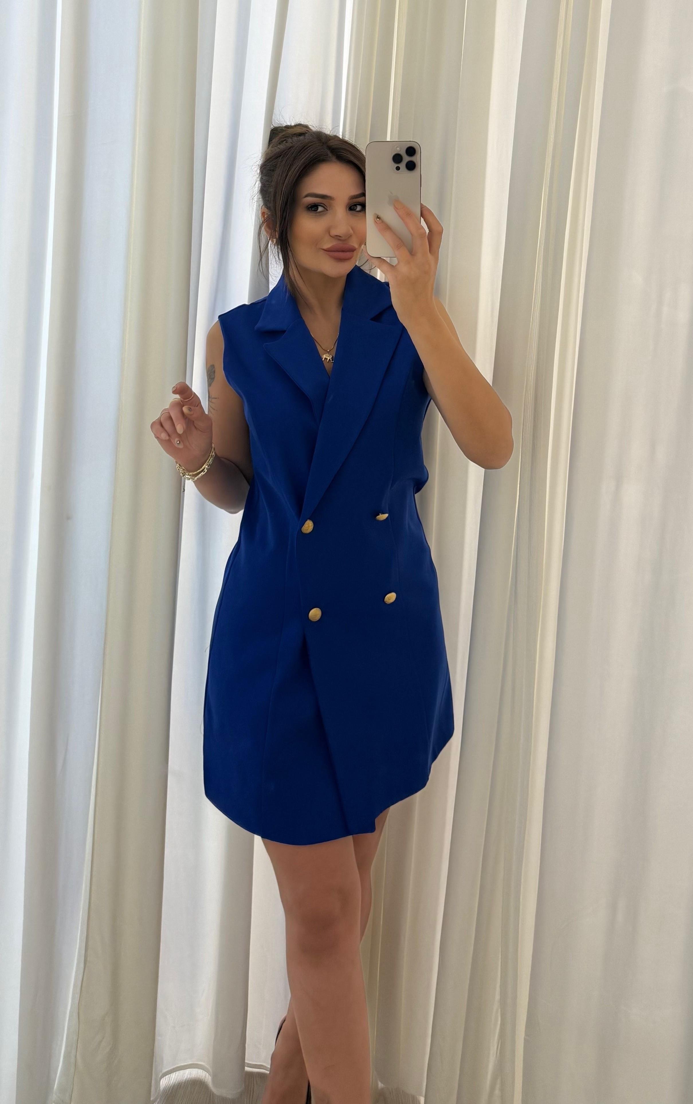  Slim Fit Rahat Kolsuz Double Crep Kumaş  Elbise -Mavi