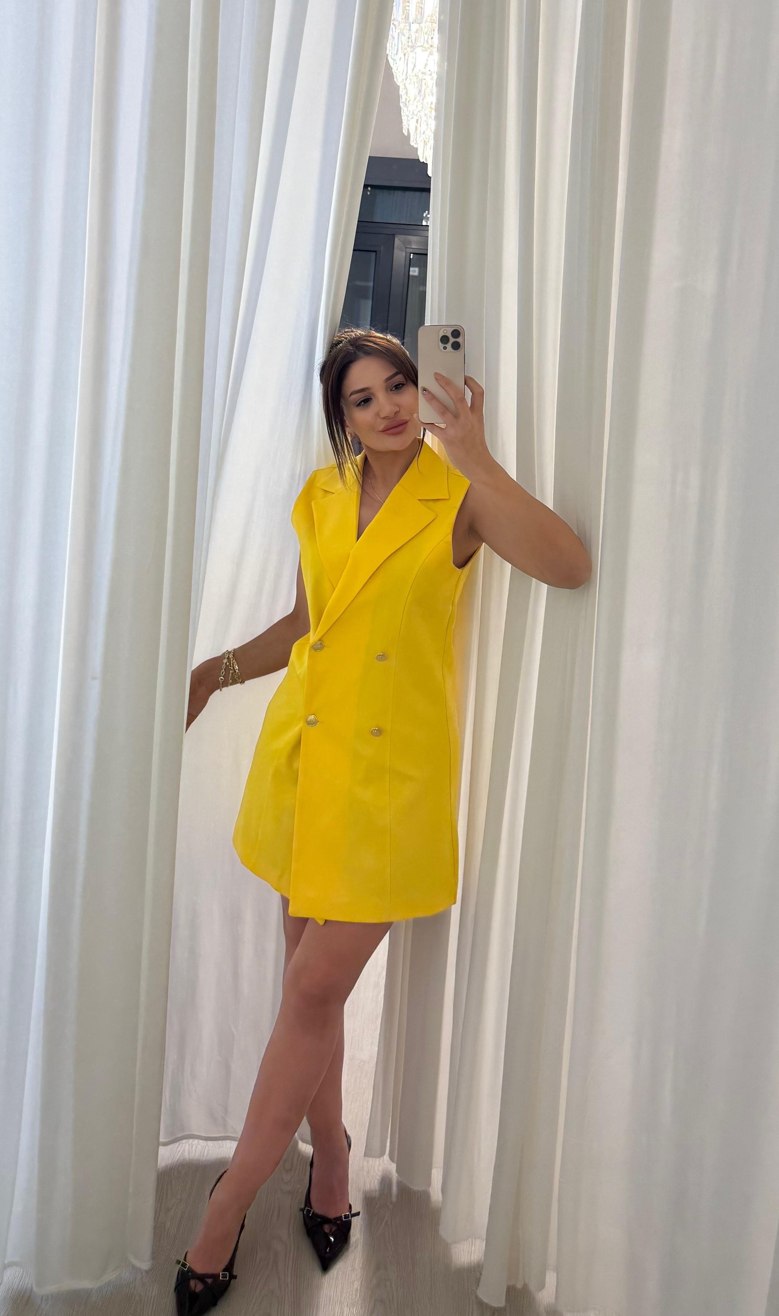 Slim Fit Rahat Kolsuz Double Crep Kumaş  Elbise -Sarı