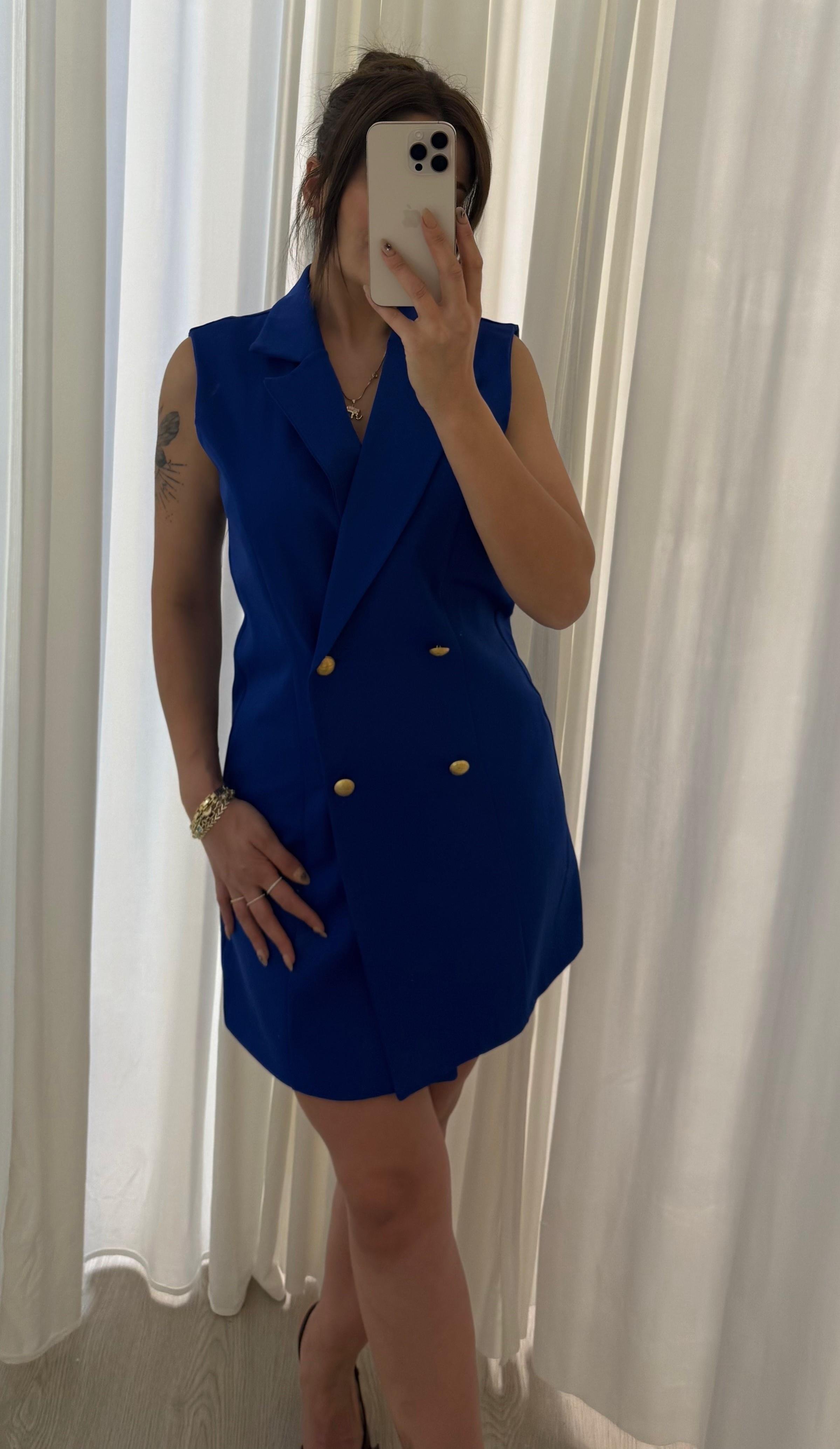  Slim Fit Rahat Kolsuz Double Crep Kumaş  Elbise -Mavi