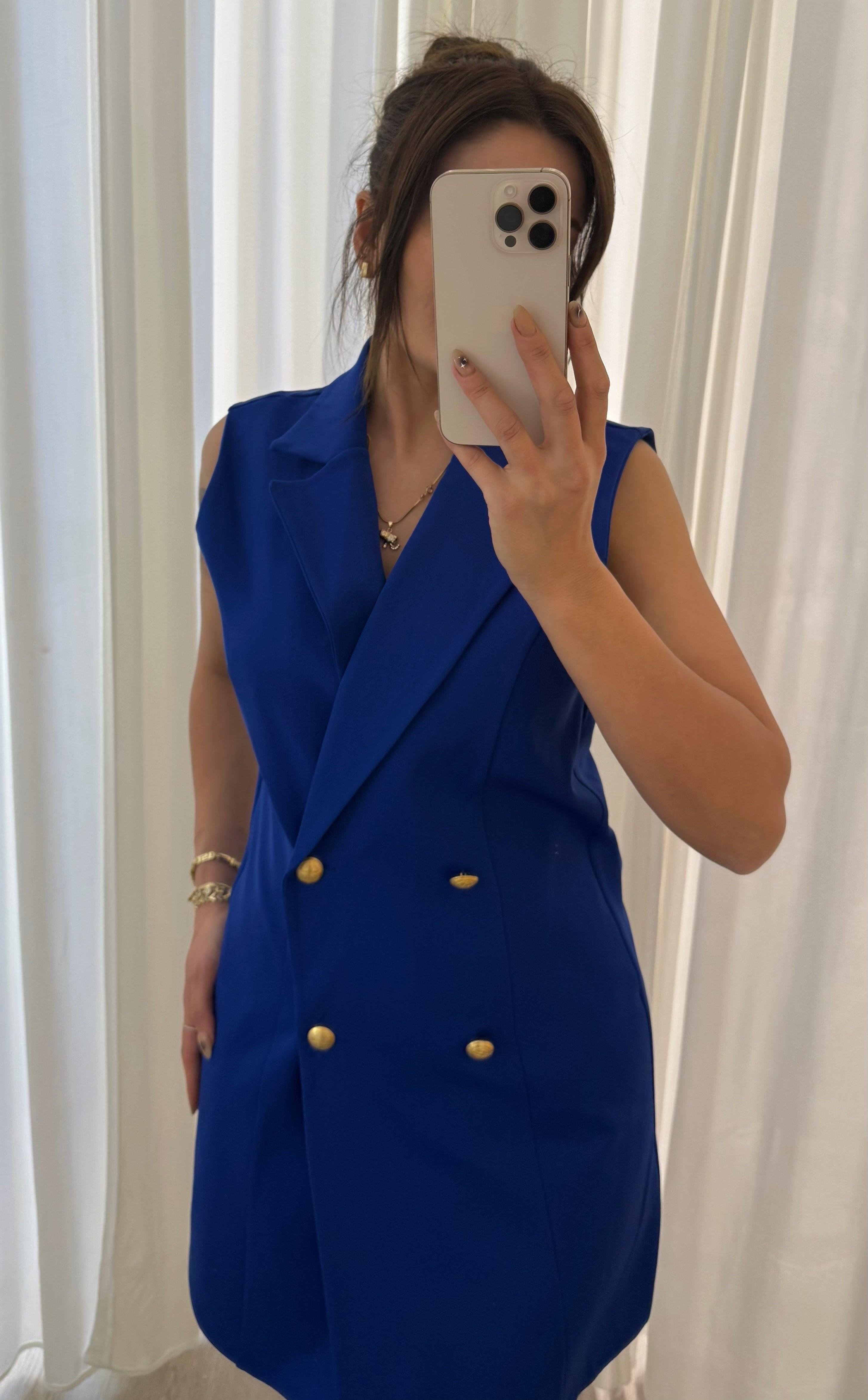  Slim Fit Rahat Kolsuz Double Crep Kumaş  Elbise -Mavi