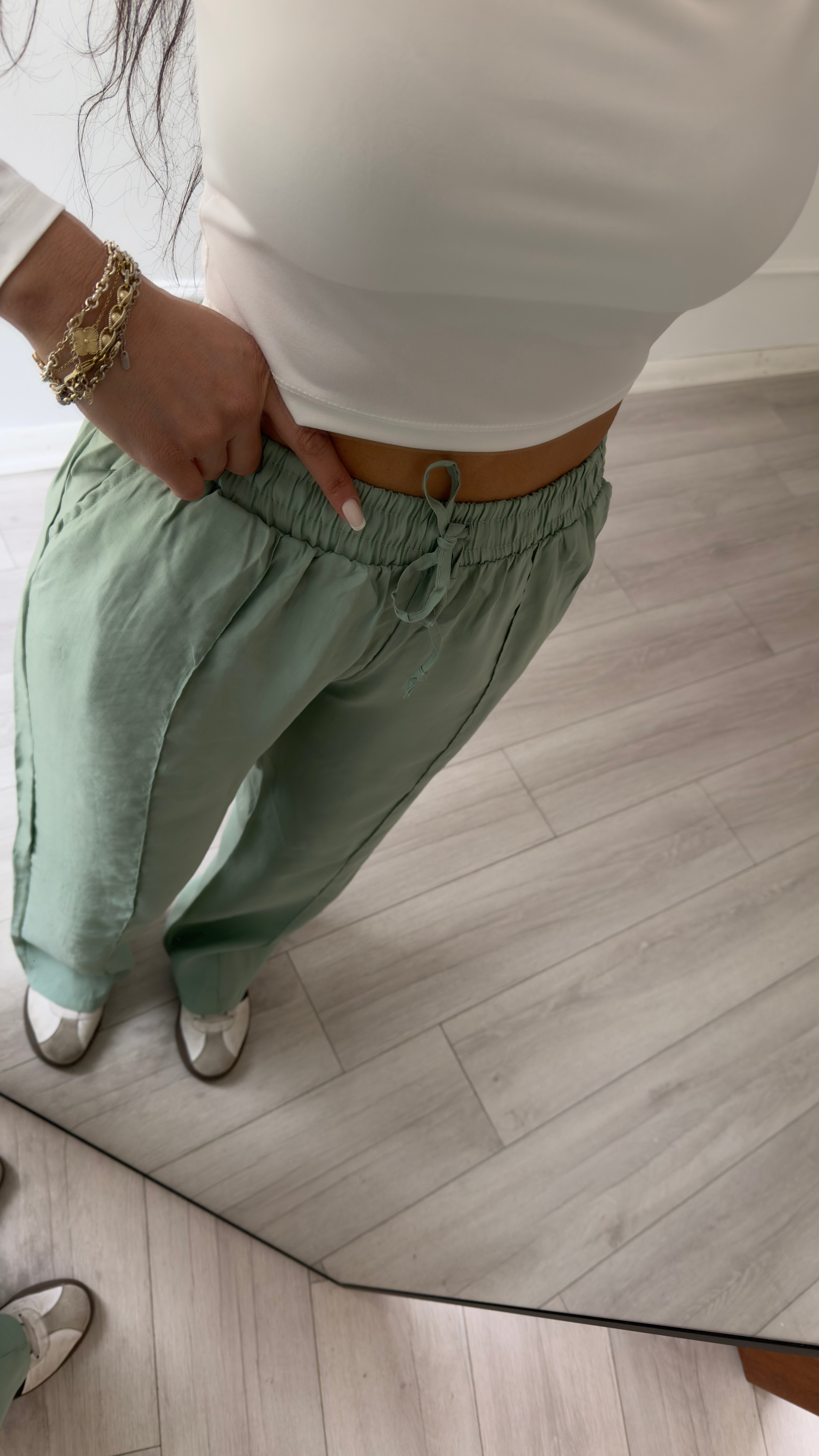  Yeşil Önden Dikişli Bol Paça Yüksek Bel Pantolon