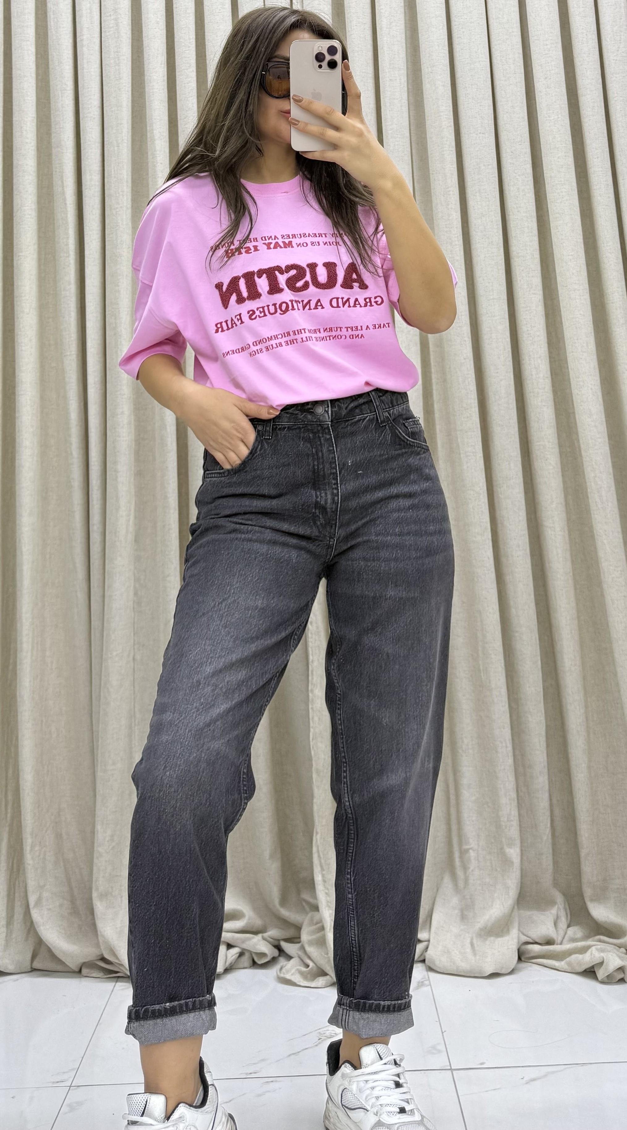%100 Organik Pamuklu Nakış Işlemeli Ve Kabartmalı Baskılı Oversize Pembe T-shirt