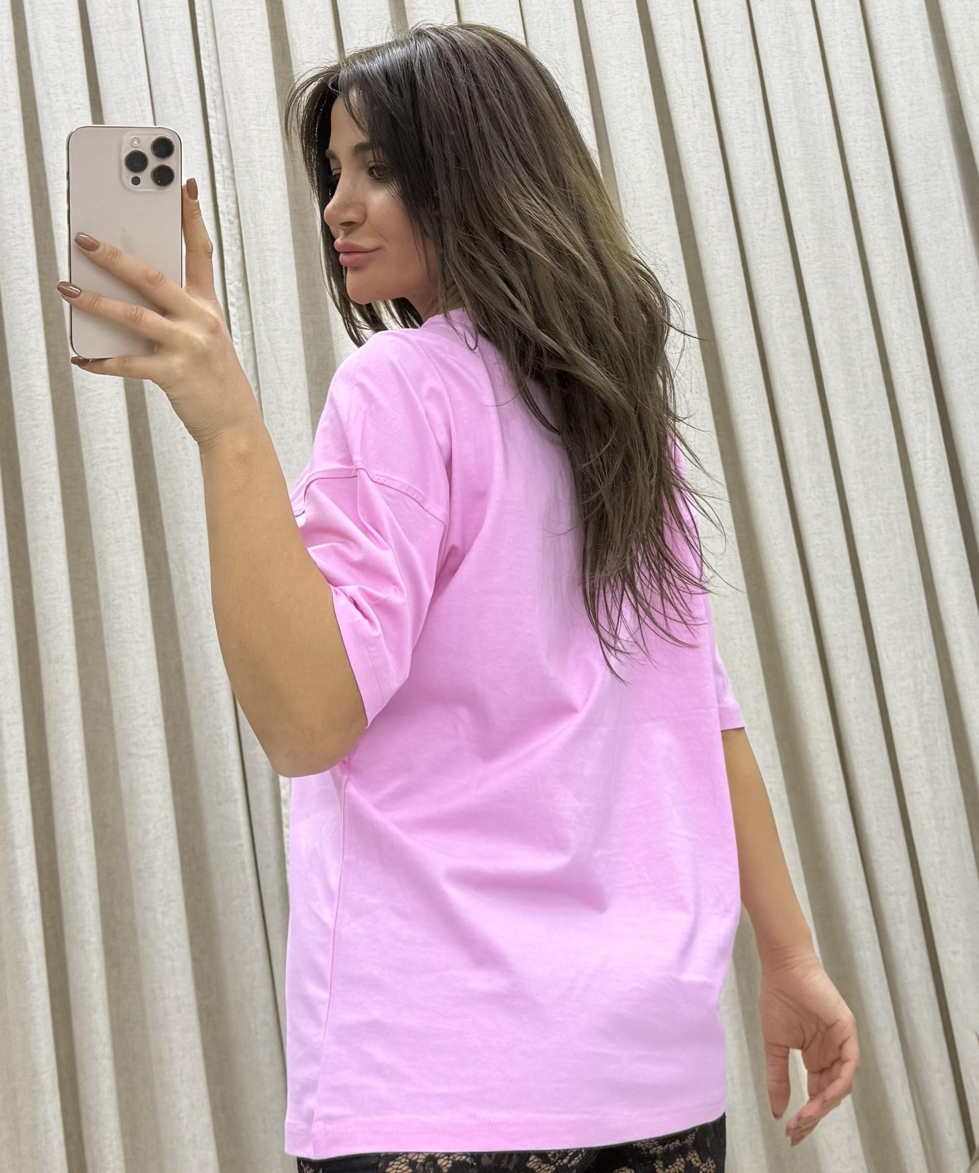 %100 Organik Pamuklu Nakış Işlemeli Ve Kabartmalı Baskılı Oversize Pembe T-shirt