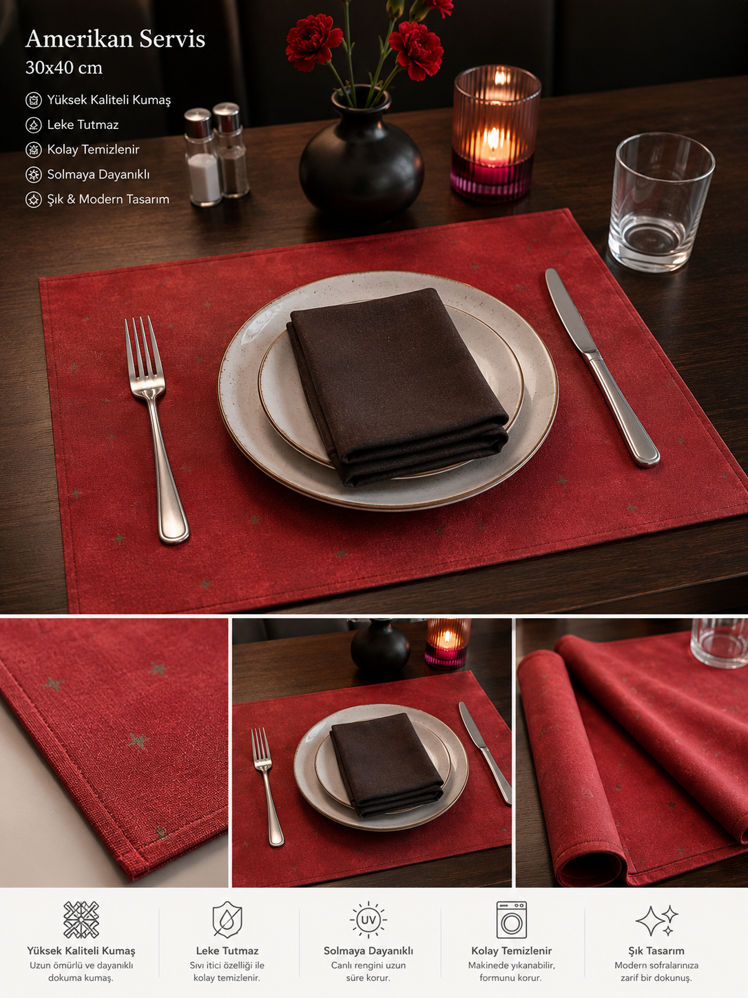 12'li Amerikan Servis Yıkanabilir Kumaş Sofra Servis 30*40 Cm  KIRMIZI 