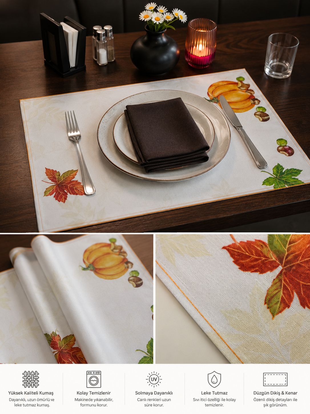 12'li Amerikan Servis Yıkanabilir Kumaş Sofra Servis 30*40 Cm BEYAZ KABAKLI 