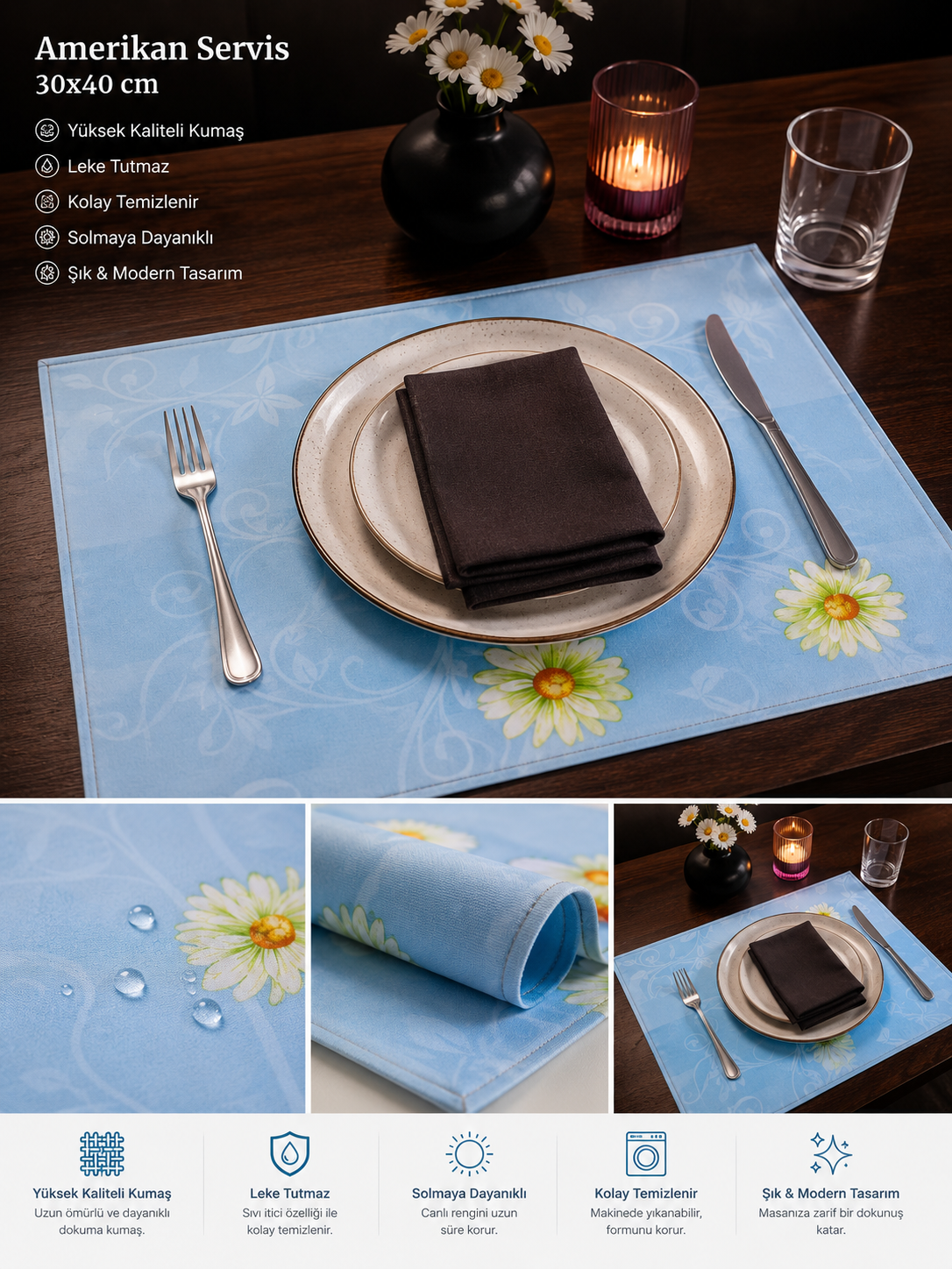 12'li Amerikan Servis Yıkanabilir Kumaş Sofra Servis 30*40 Cm MAVİ ÇİÇEKLİ