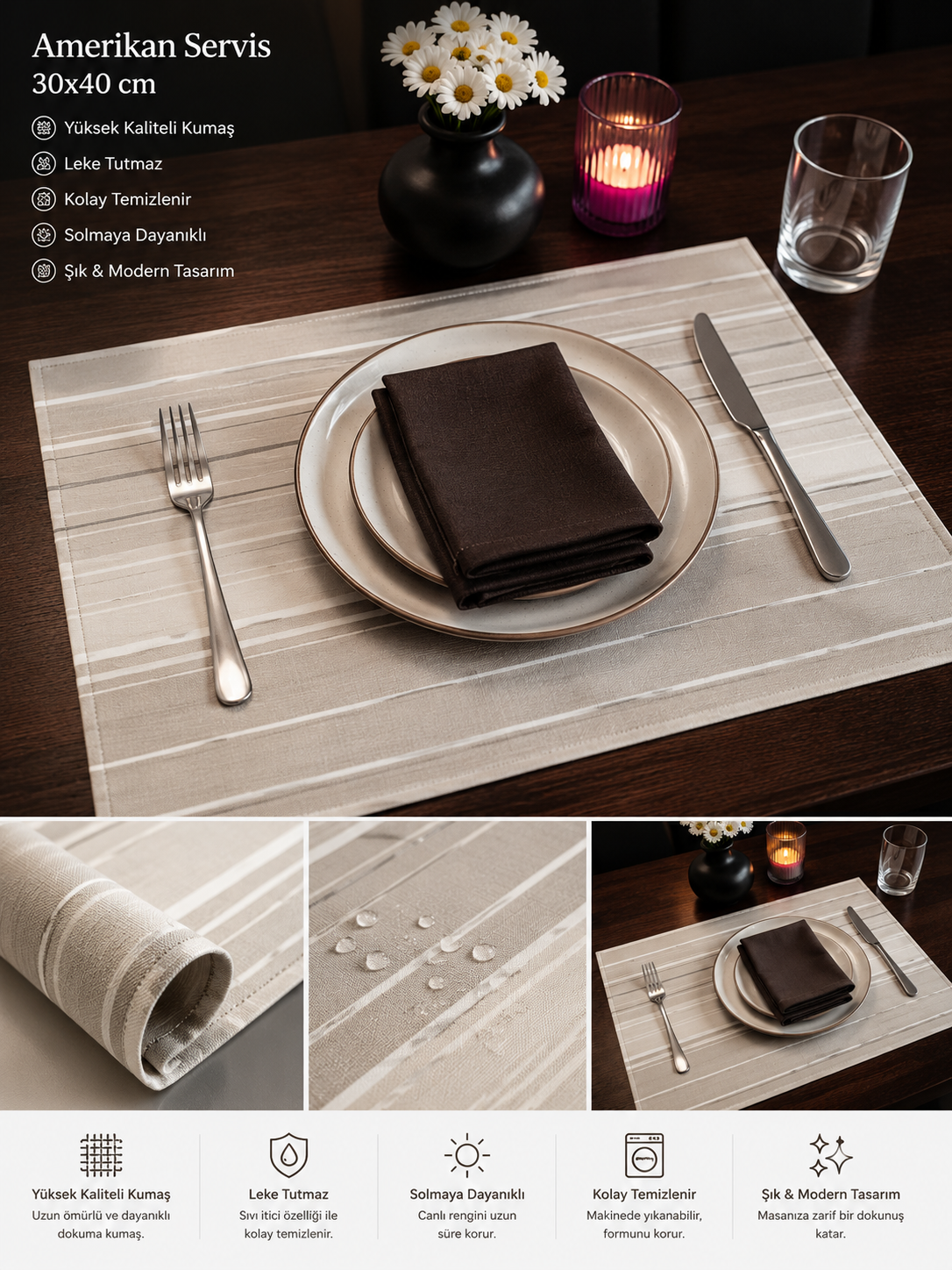 12'li Amerikan Servis Yıkanabilir Kumaş Sofra Servis 30*40 Cm ANTİKA TEMALI