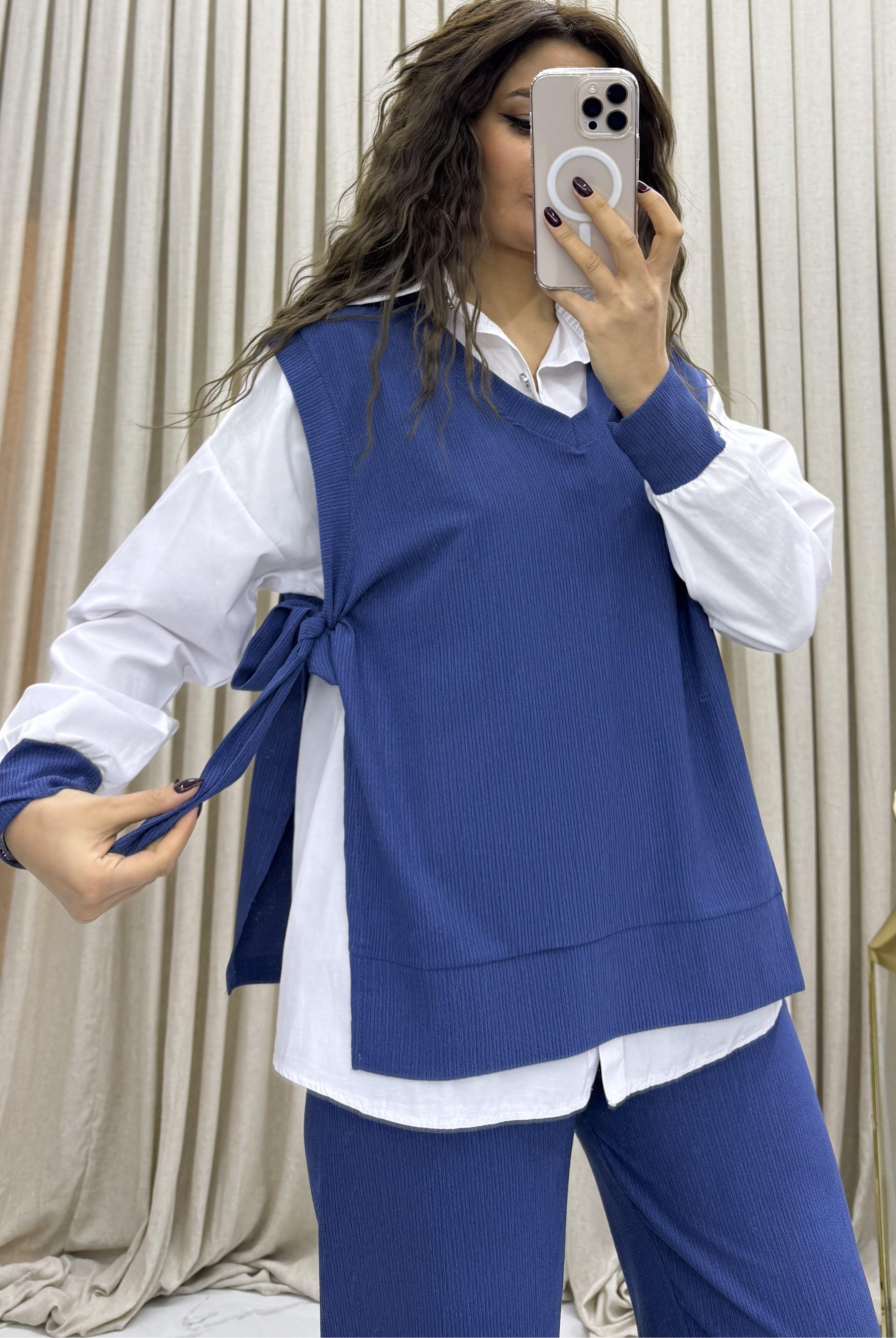 3'lü Relax Fit Rahat Kalıp Basic Düz Casual  3'lü Pantolon Takım -Mavi