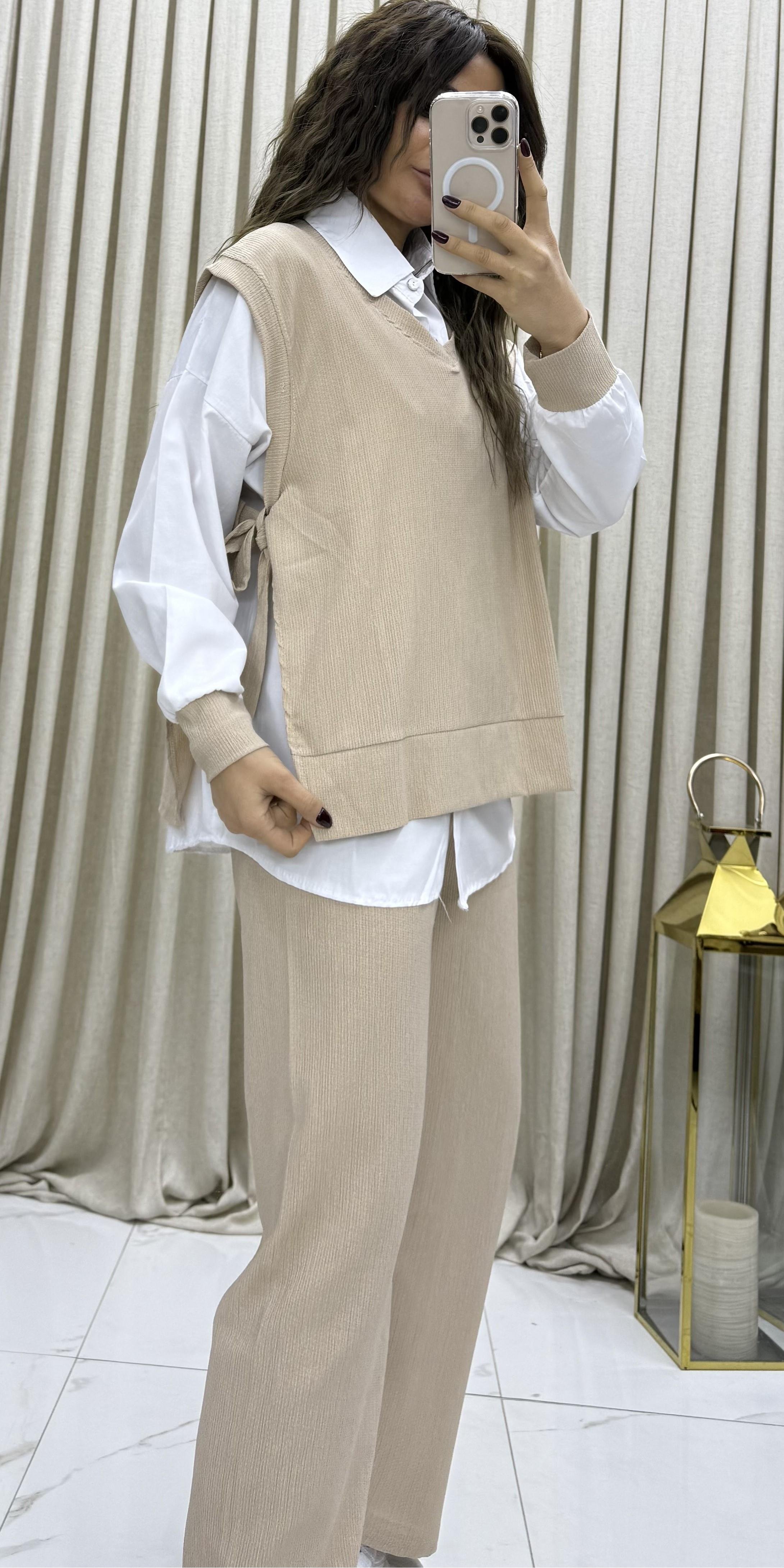 3'lü Relax Fit Rahat Kalıp Basic Düz Casual  3'lü Pantolon Takım -bej