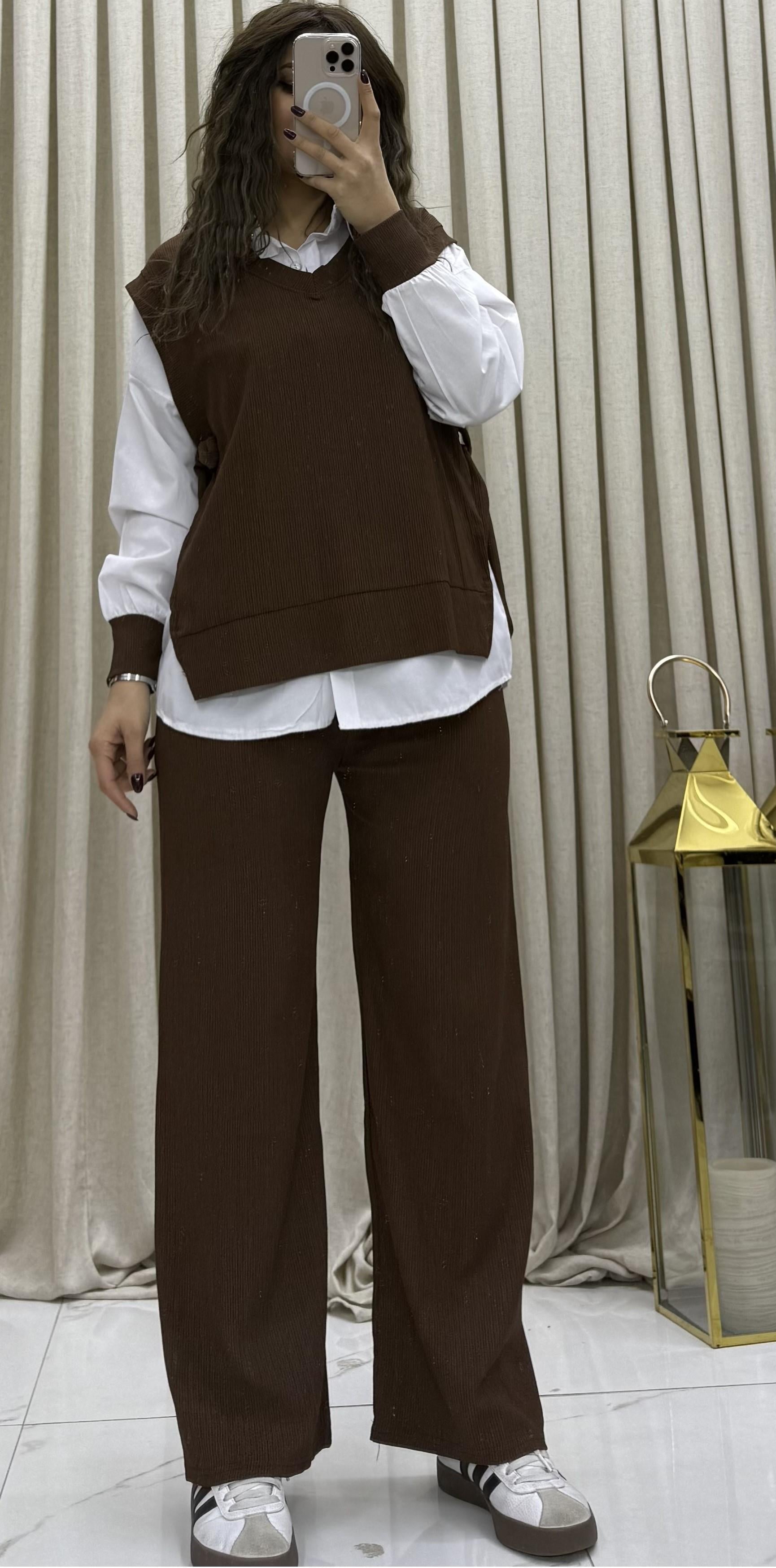 3'lü Relax Fit Rahat Kalıp Basic Düz Casual  3'lü Pantolon Takım -kahve