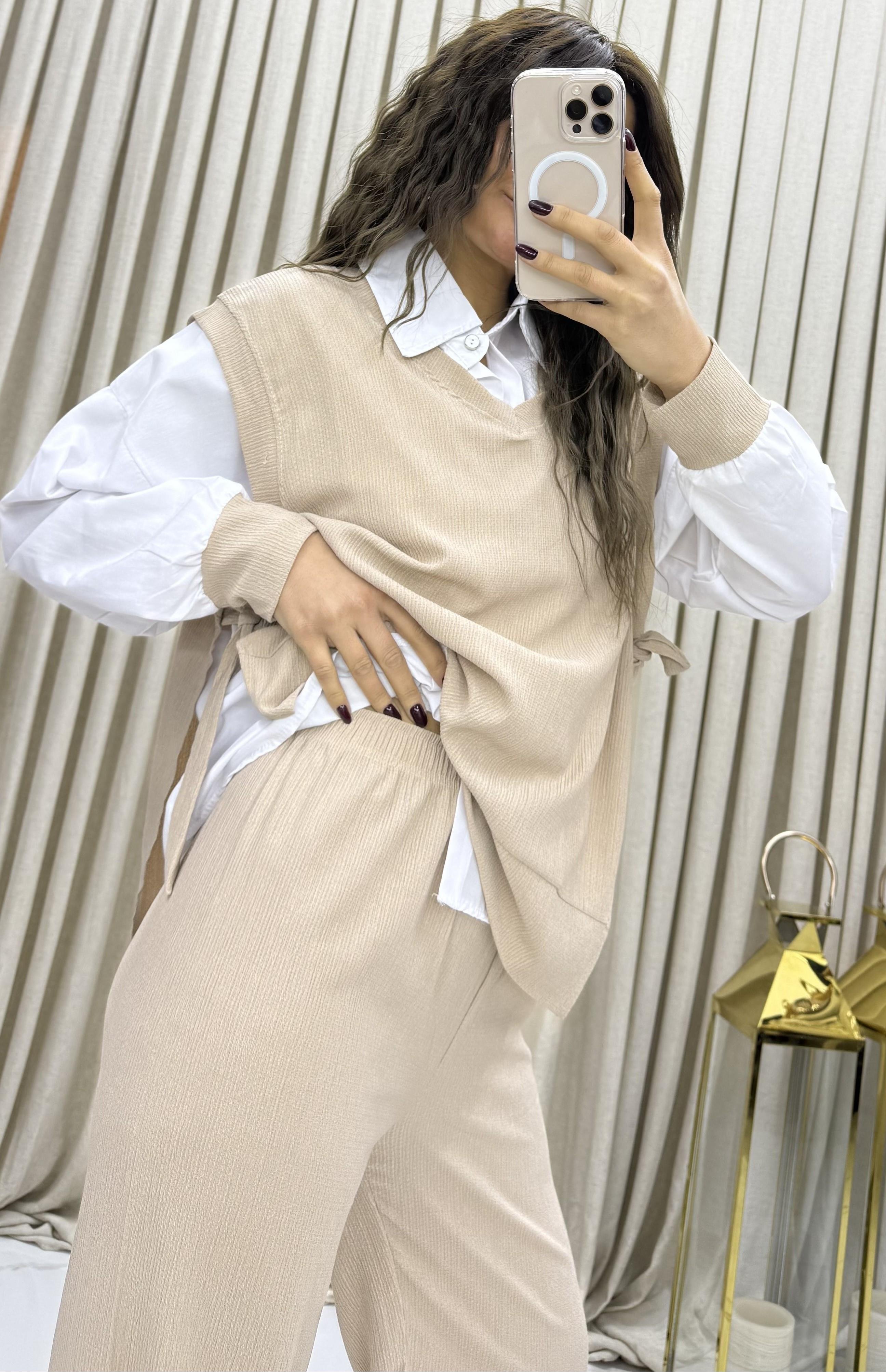 3'lü Relax Fit Rahat Kalıp Basic Düz Casual  3'lü Pantolon Takım -bej