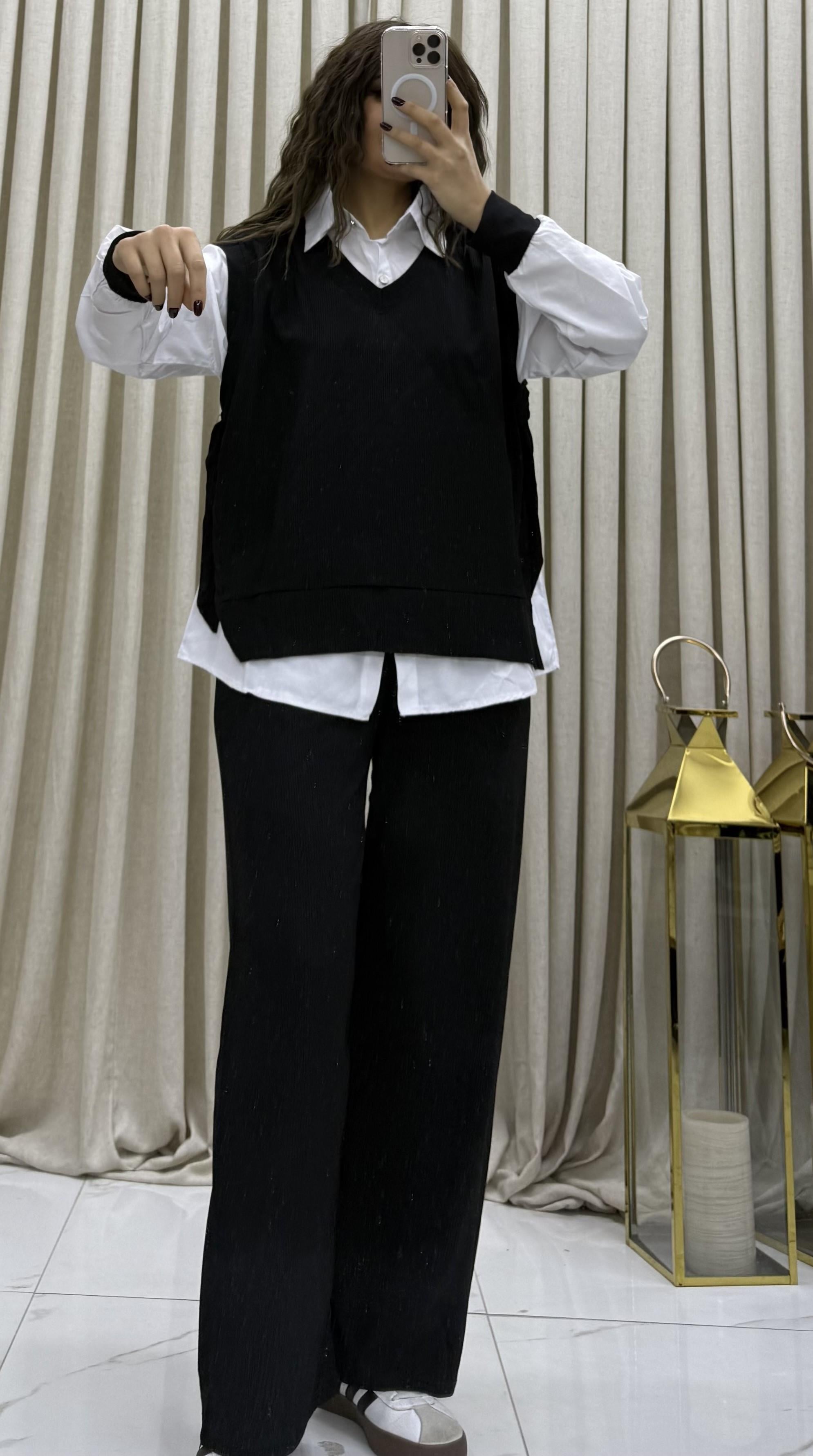 3'lü Relax Fit Rahat Kalıp Basic Düz Casual  3'lü Pantolon Takım -Siyah