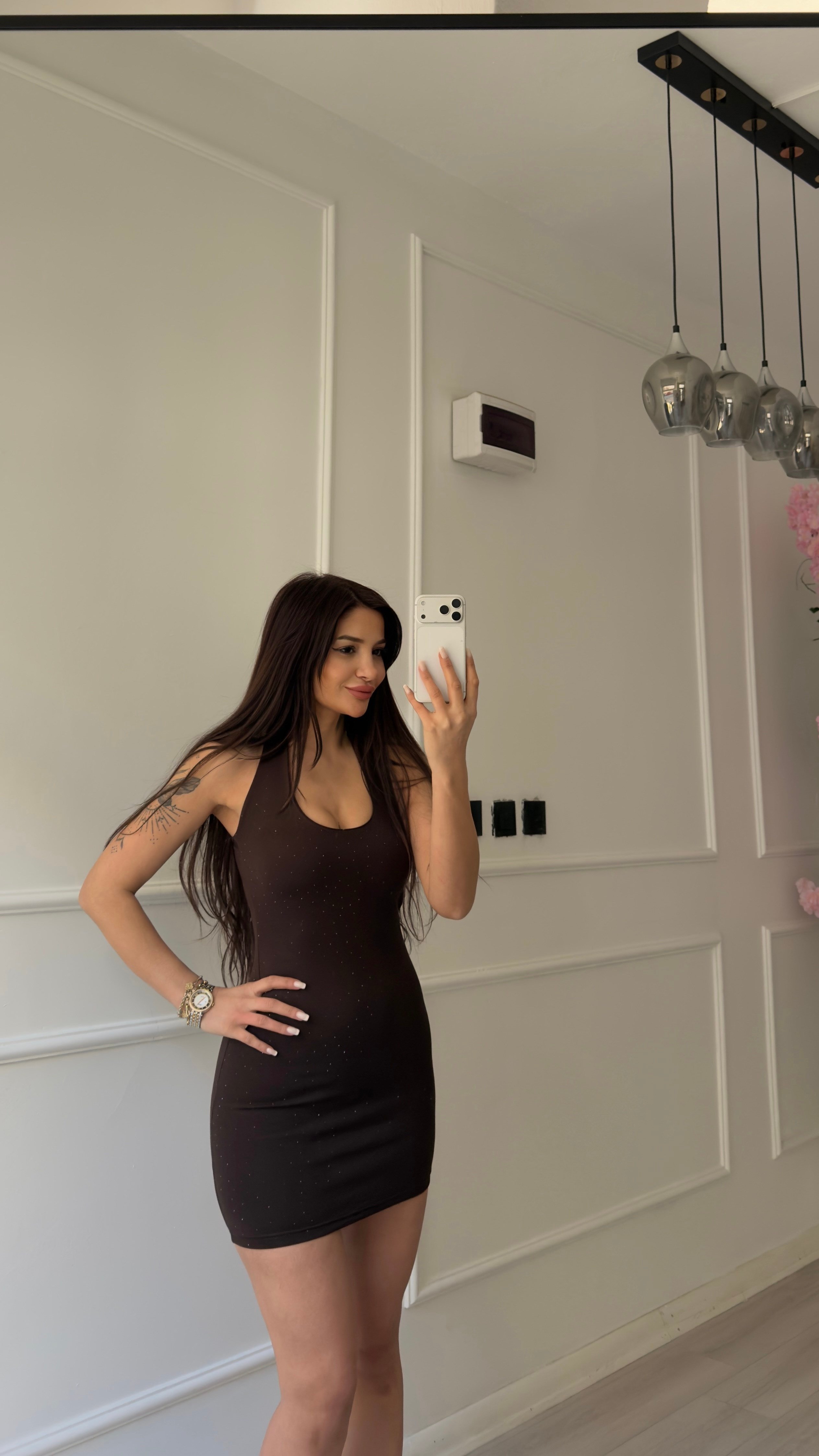 Acı Kahve Parıltılı Halter Yaka Mini Elbise