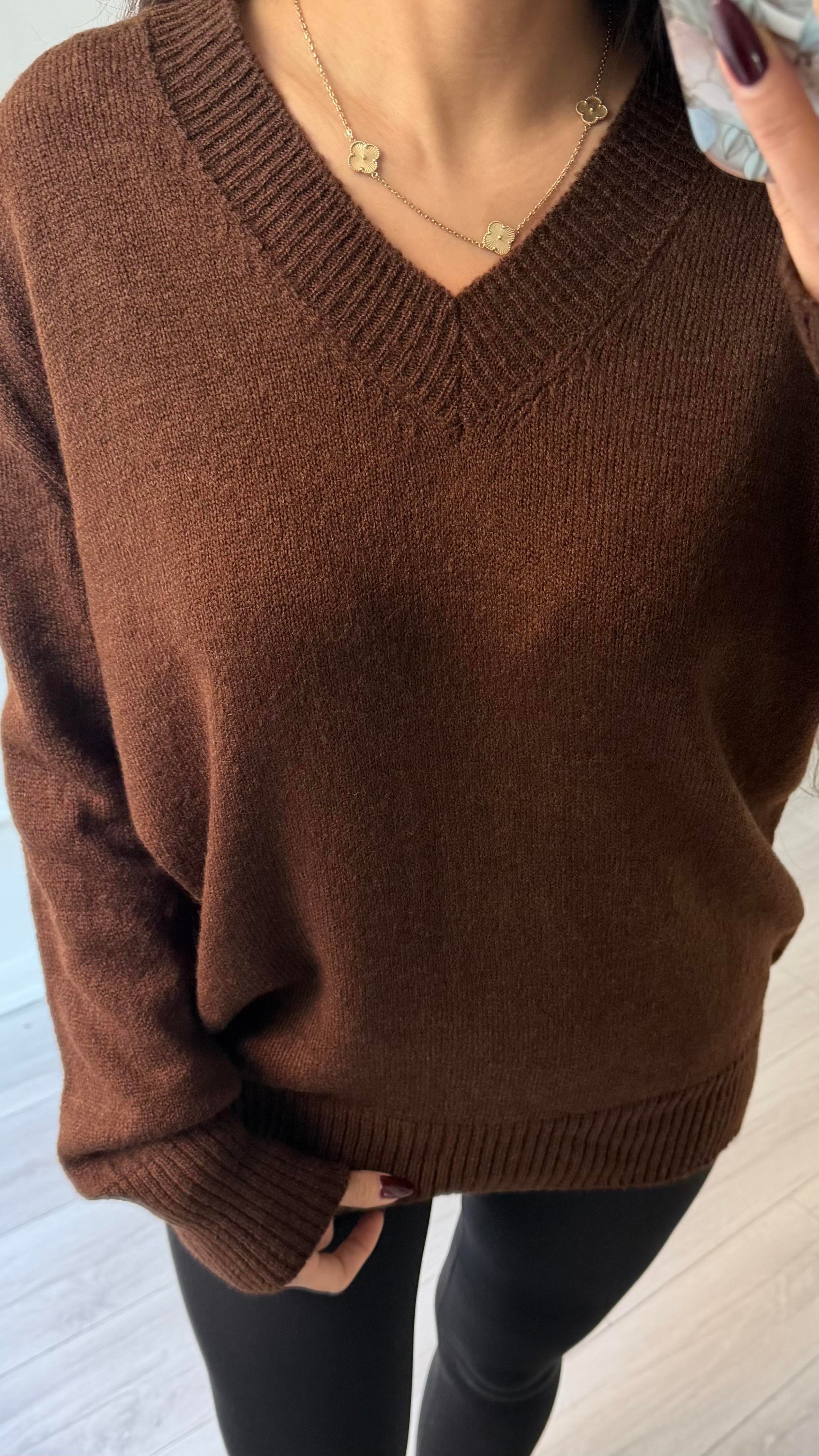 Acı Kahve V Yaka Standart Beden Oversize Basic Triko Kazak