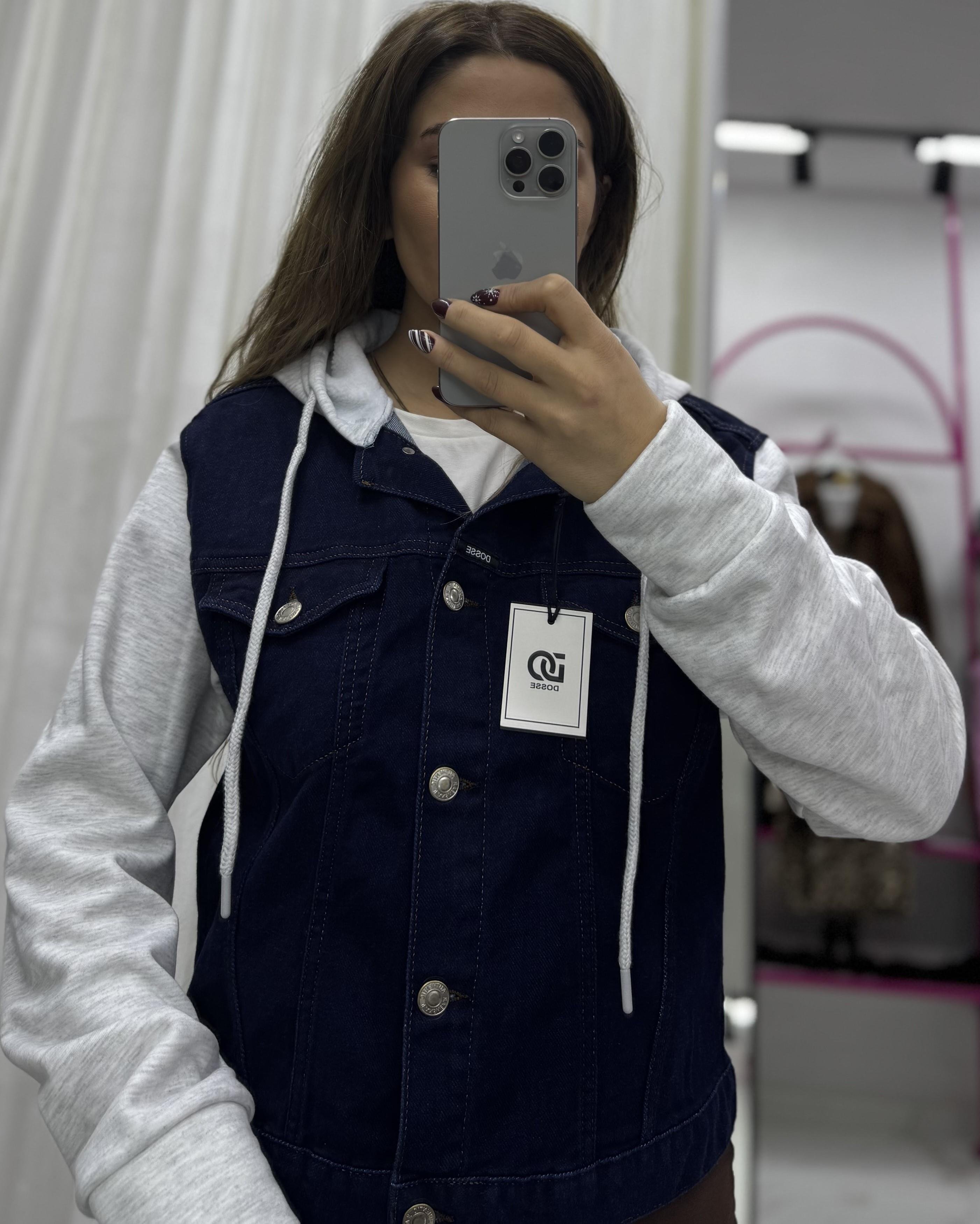 Açık Gri Kapüşonlu Lacivert Denim Kot Ceket