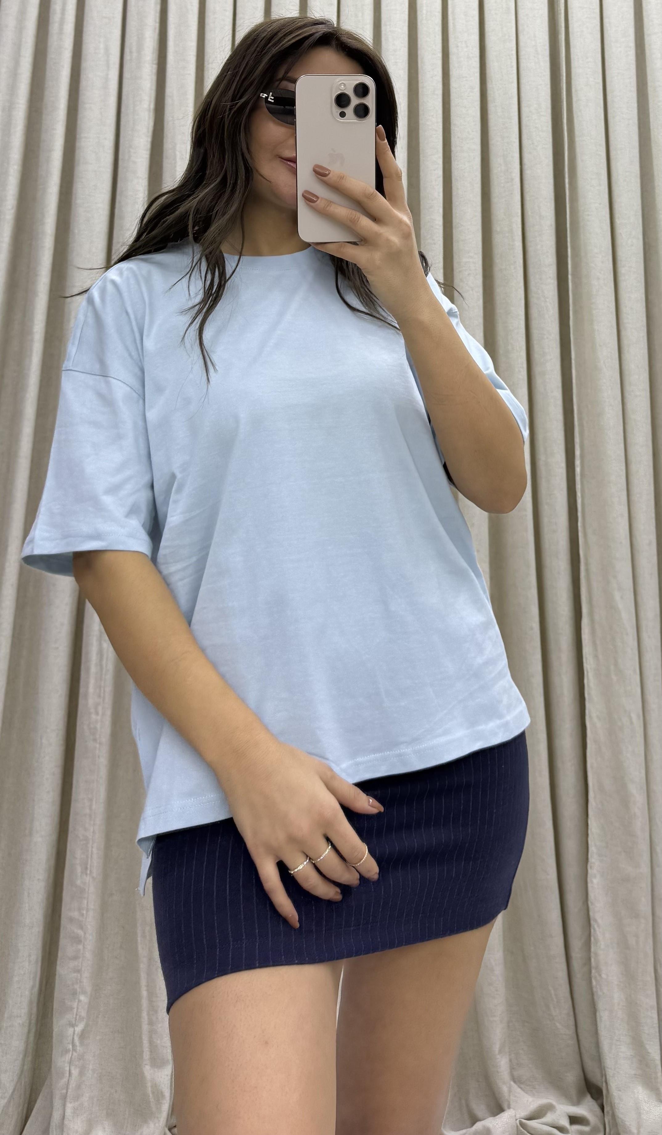 Açık Mavi Basic Bisiklet Yaka Oversize Pamuklu T-shirt