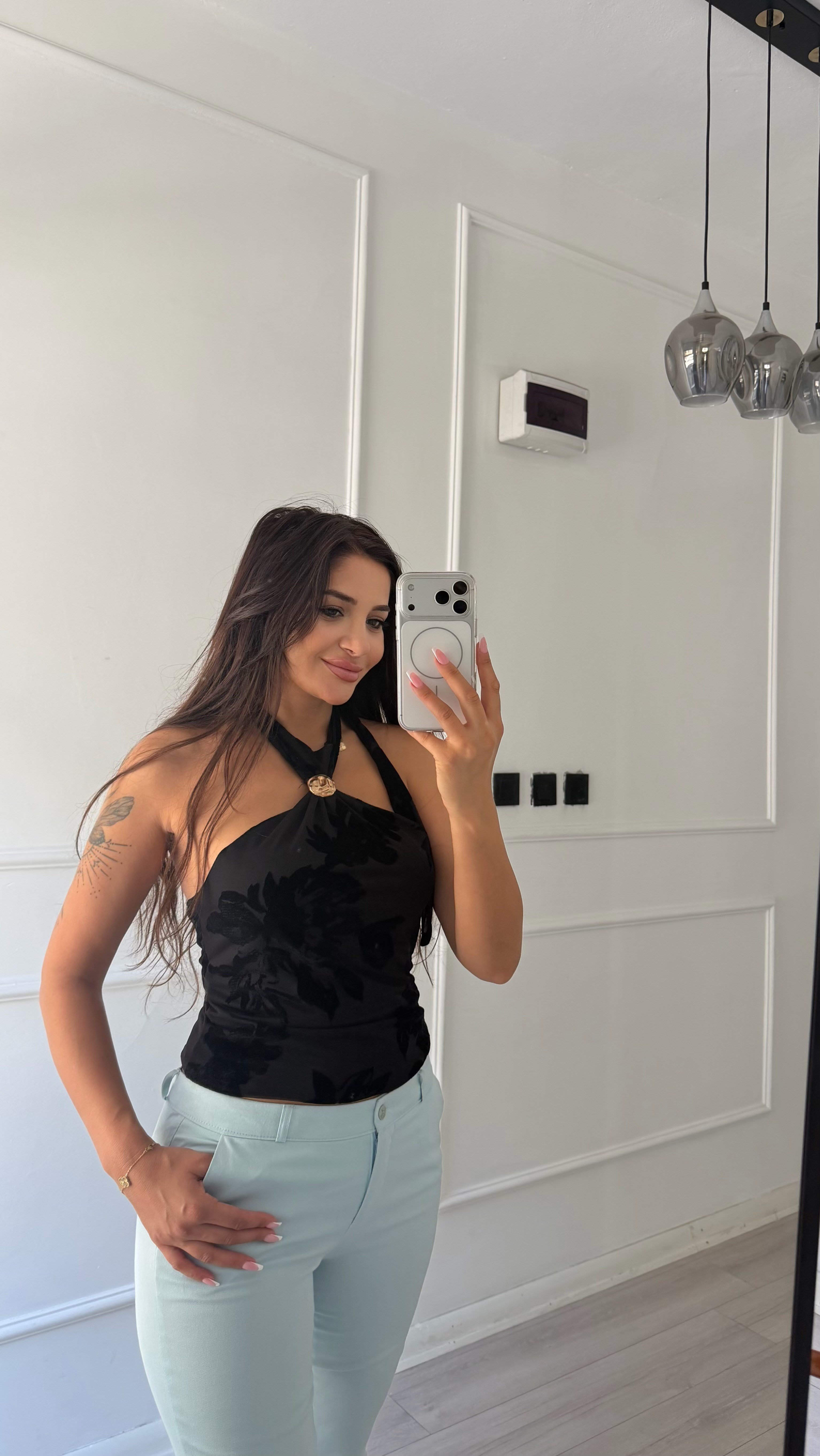 Açık Mavi  Yüksek Bel Slim Fit Kumaş Pantolon.