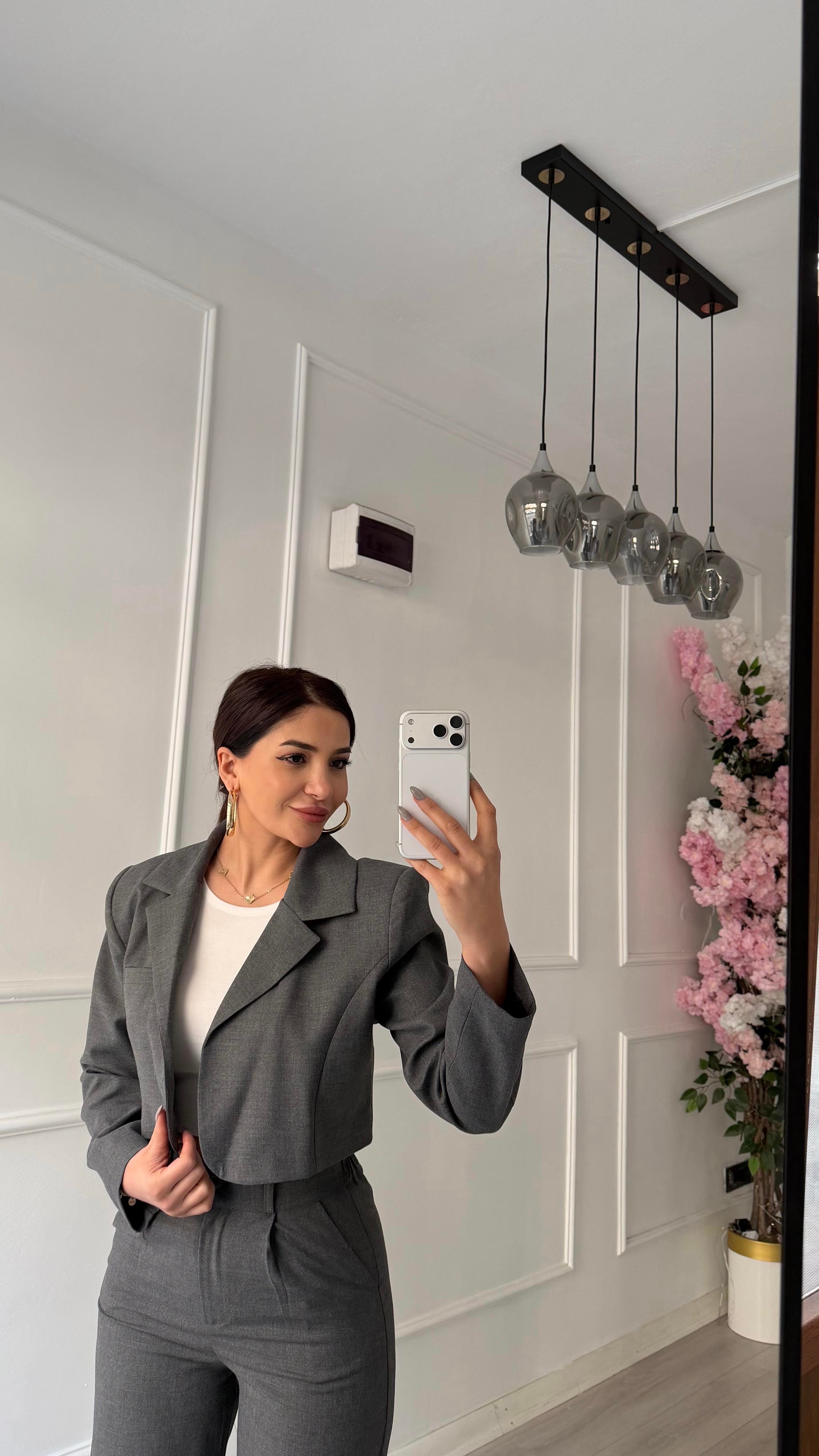 Antrasit 2'li  Yüksek Bel Ceket Pantolon Takım-