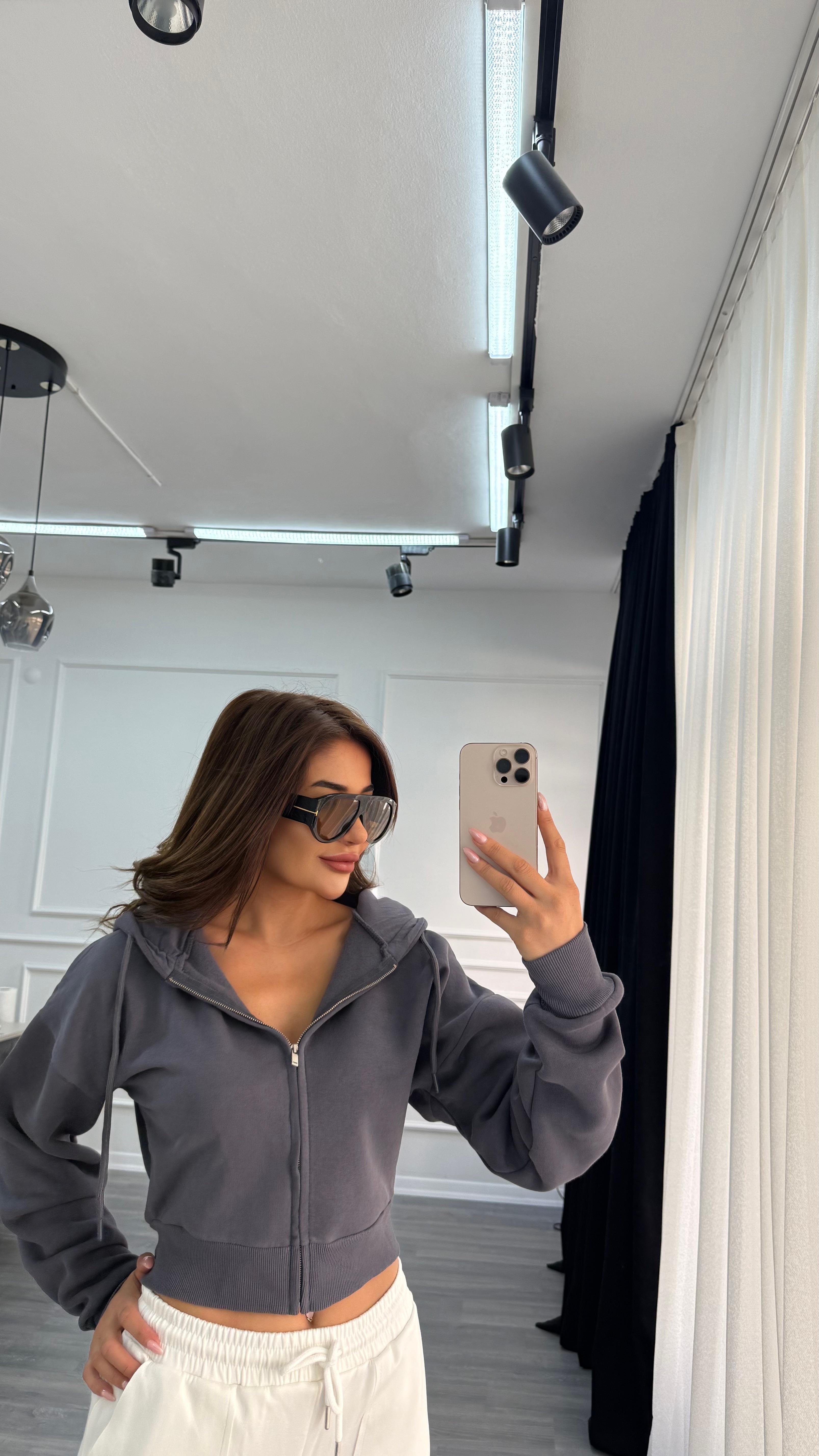 Antrasit Basic Fermuarlı Kapüşonlu Crop Kalın İçi Polarlı Örme Sweatshirt