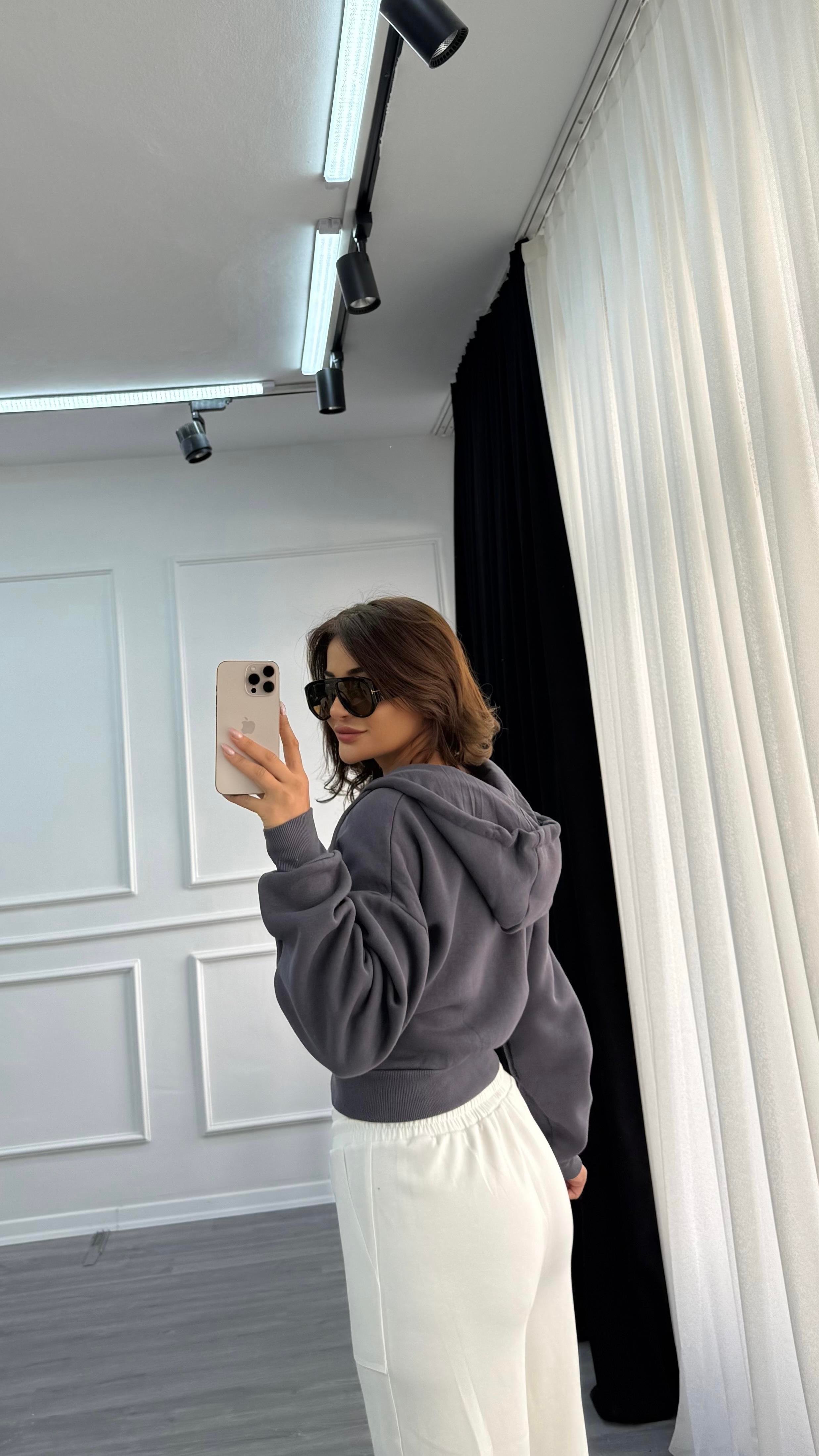 Antrasit Basic Fermuarlı Kapüşonlu Crop Kalın İçi Polarlı Örme Sweatshirt