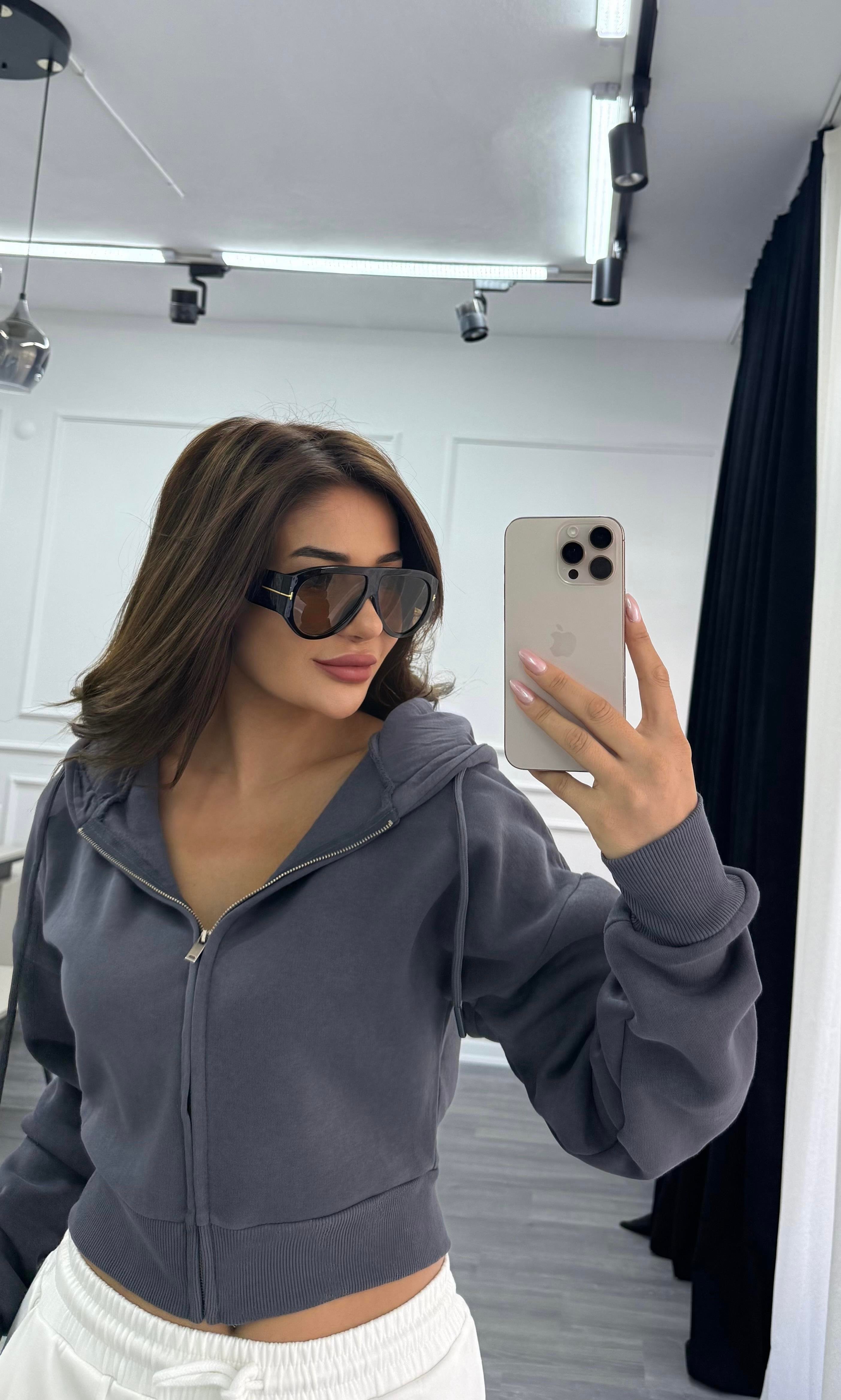 Antrasit Basic Fermuarlı Kapüşonlu Crop Kalın İçi Polarlı Örme Sweatshirt