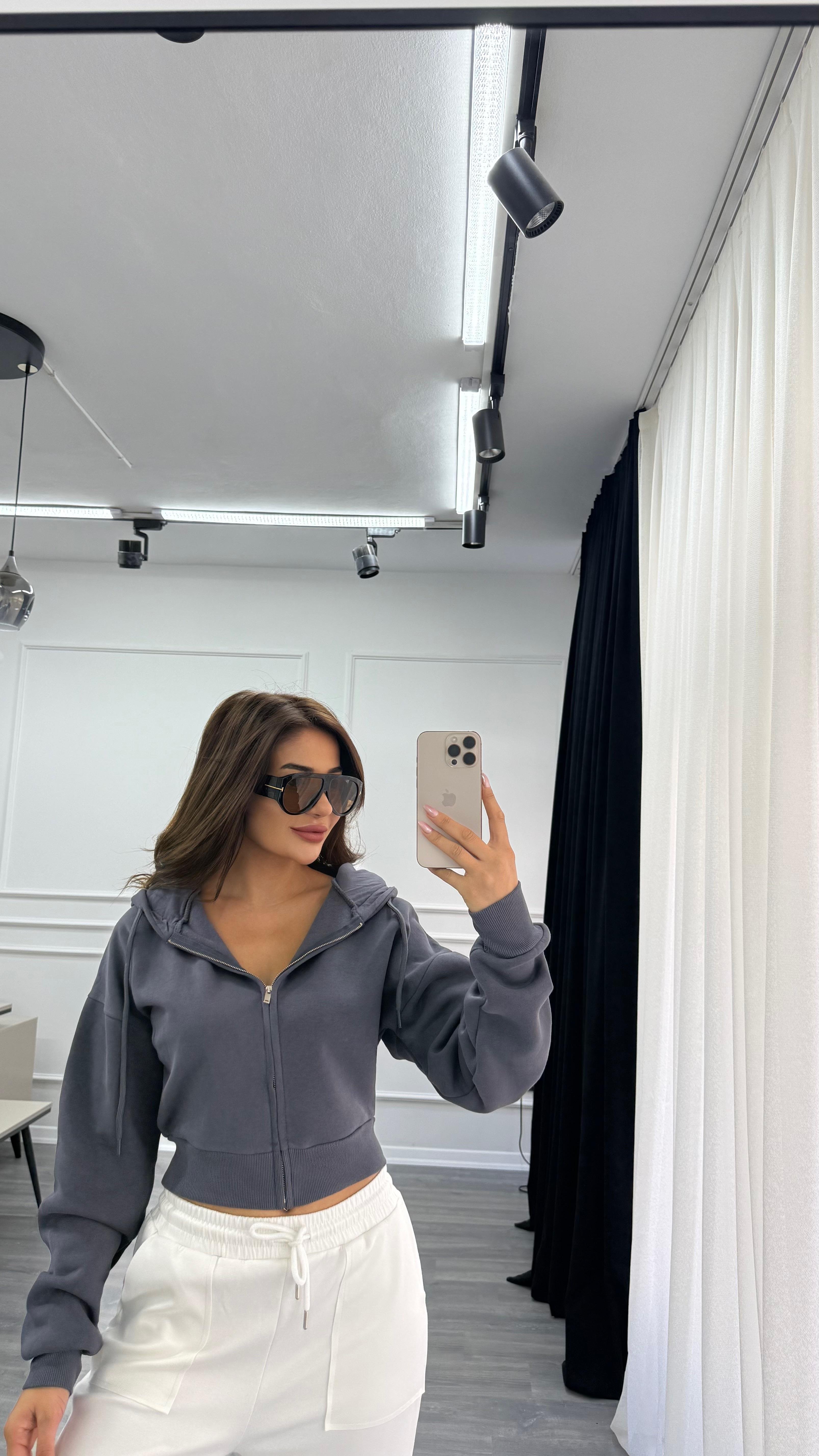 Antrasit Basic Fermuarlı Kapüşonlu Crop Kalın İçi Polarlı Örme Sweatshirt