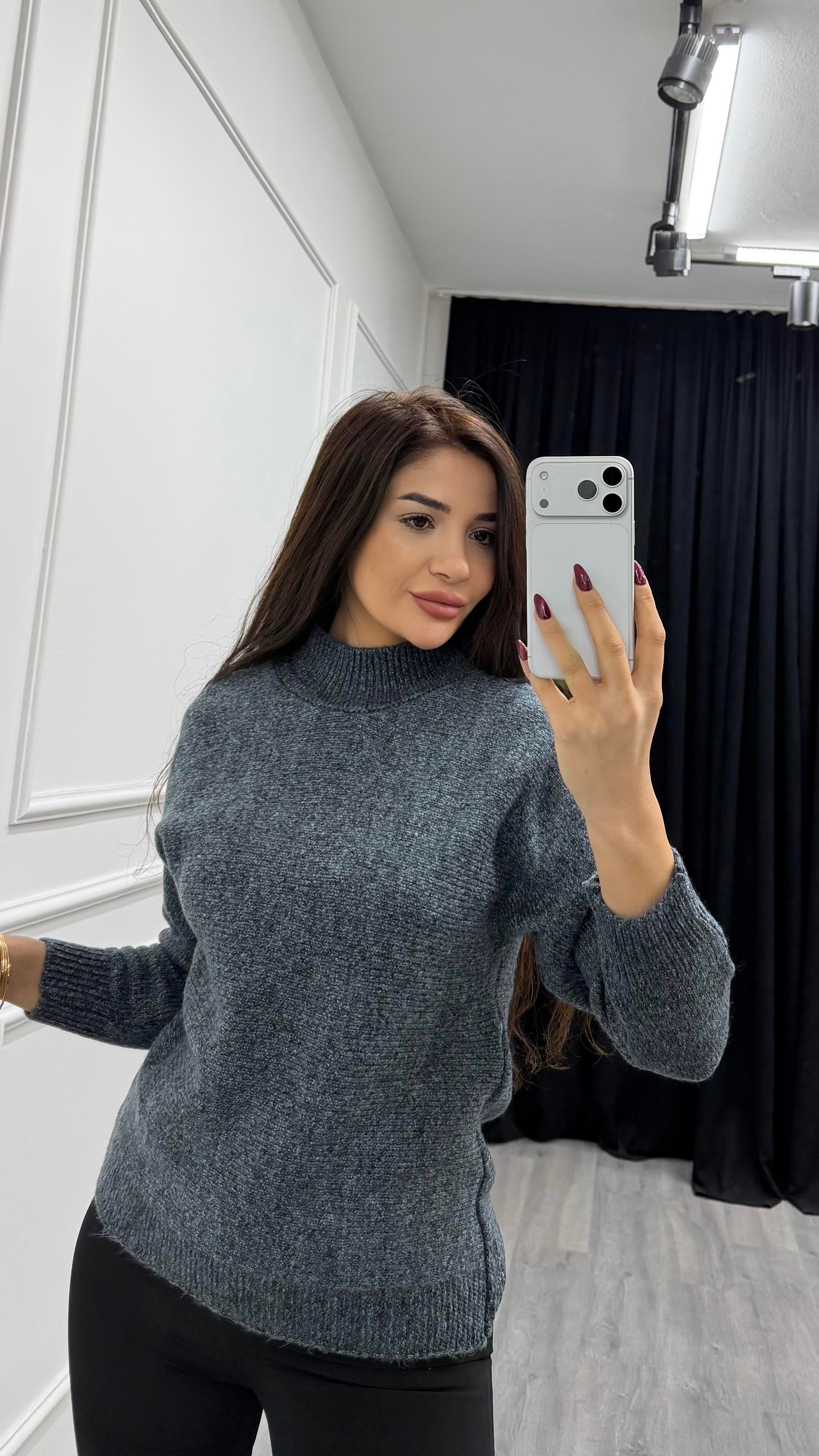 Antrasit Dik Yaka Loose Fit Triko Kazak