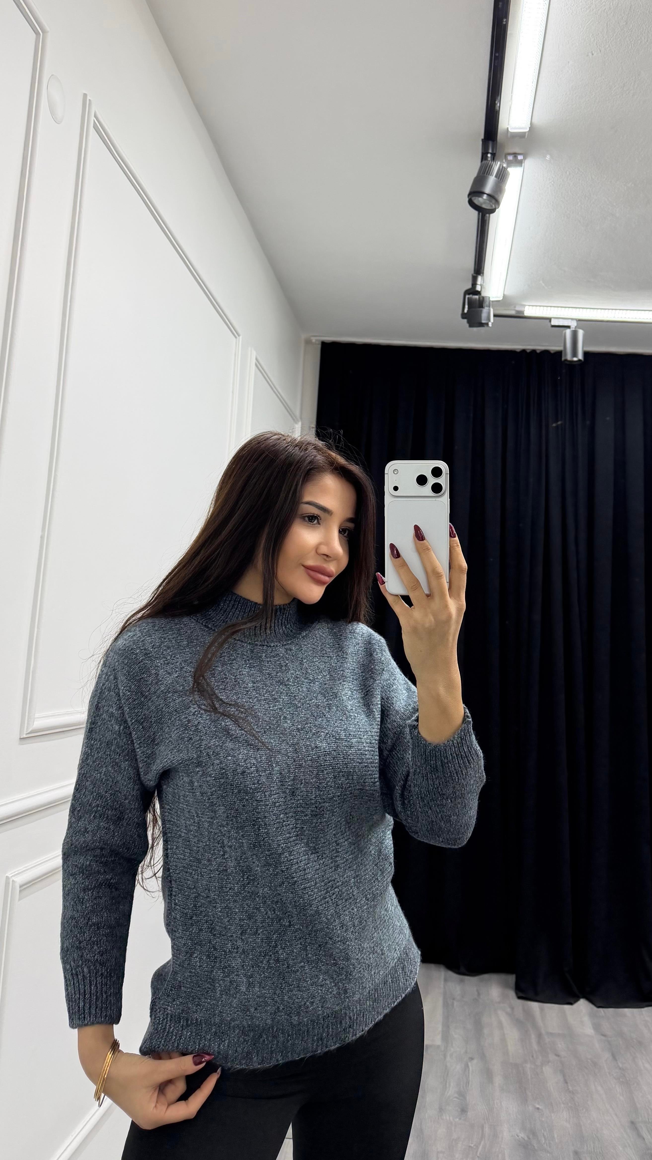 Antrasit Dik Yaka Loose Fit Triko Kazak
