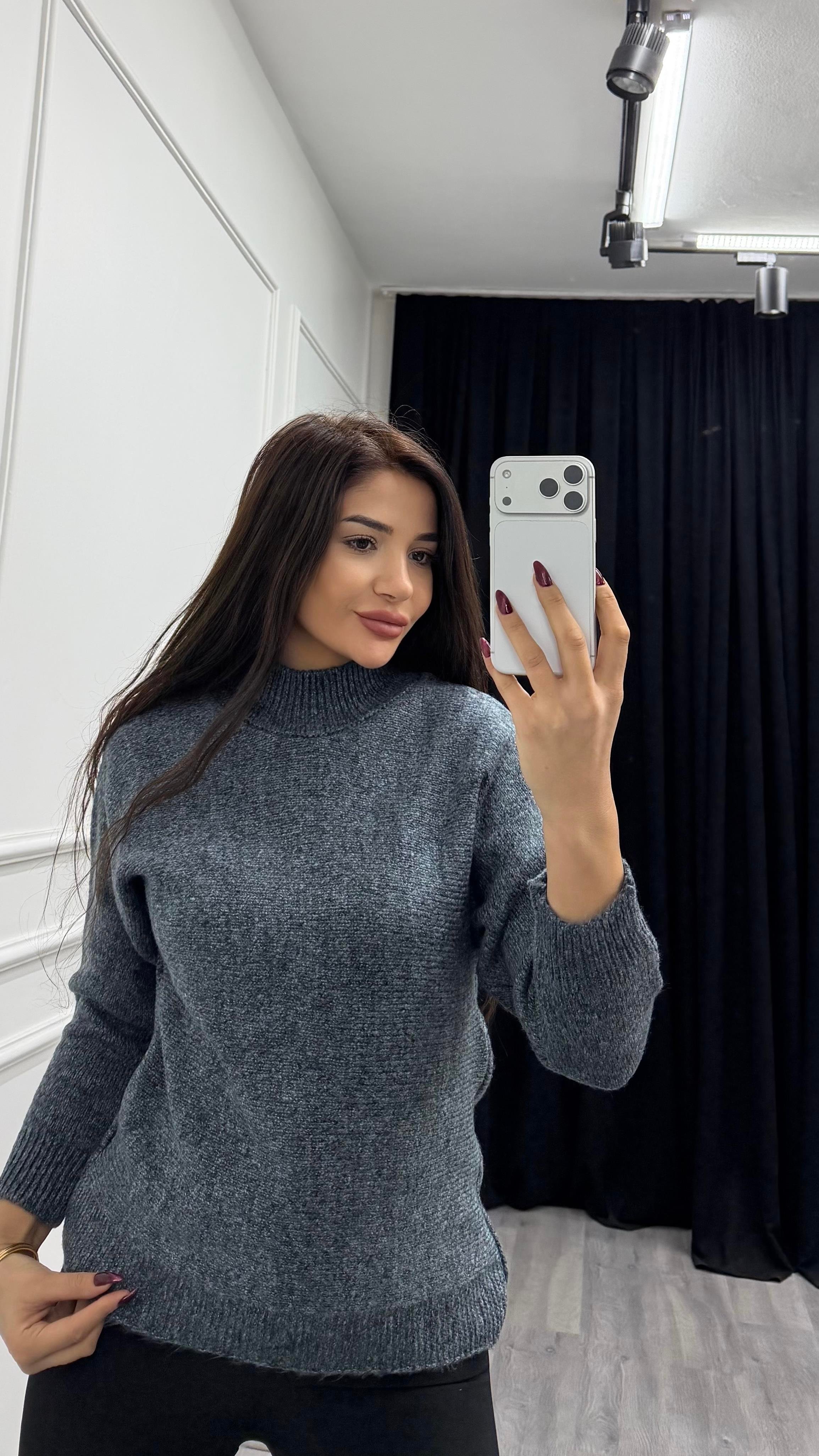 Antrasit Dik Yaka Loose Fit Triko Kazak