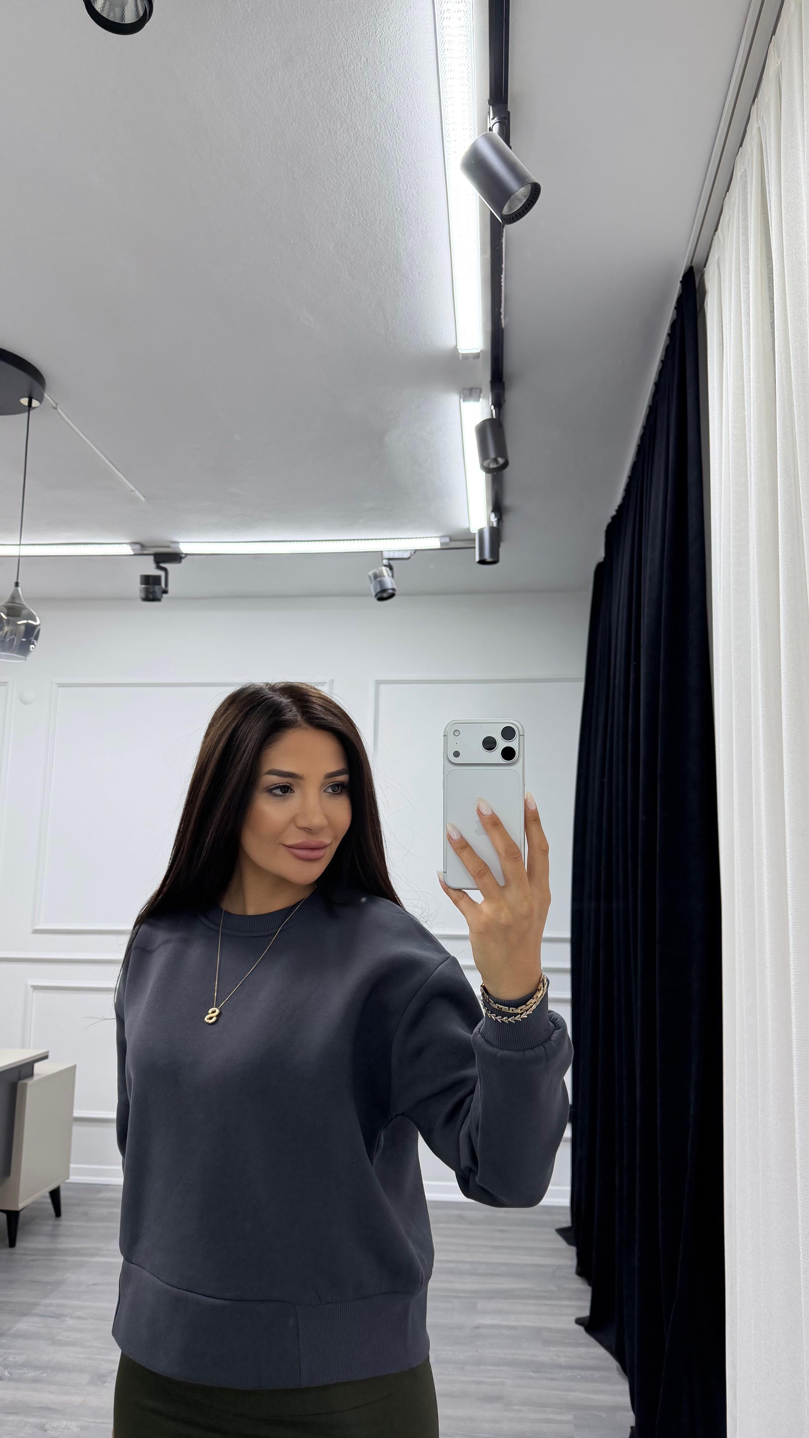Antrasit Uzun Kollu Bisiklet Yaka Oversize Sweatshirt