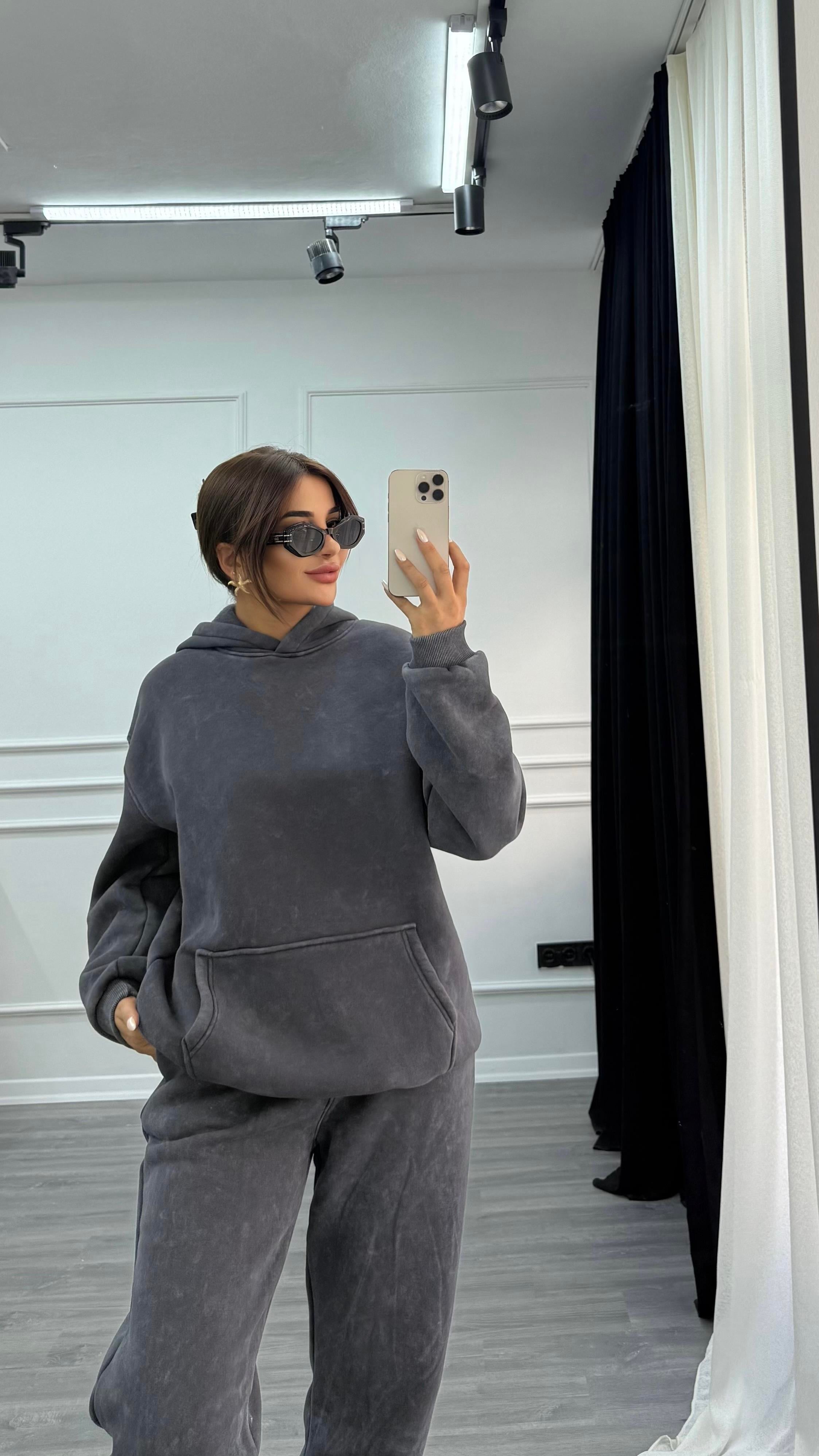 Antrasit Yıkamalı Oversize Kalın İçi Polarlı  Örme Takım