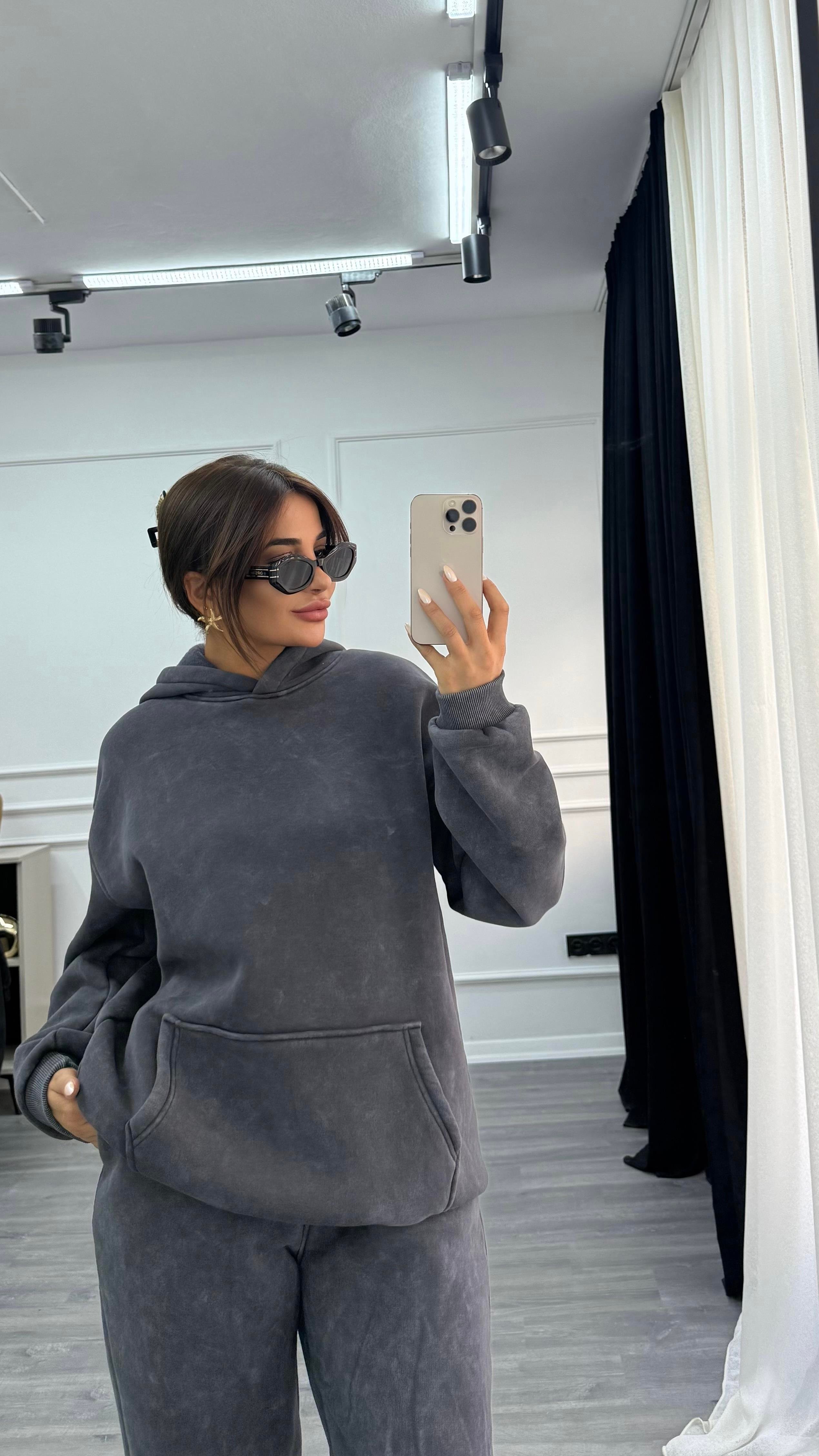Antrasit Yıkamalı Oversize Kalın İçi Polarlı  Örme Takım
